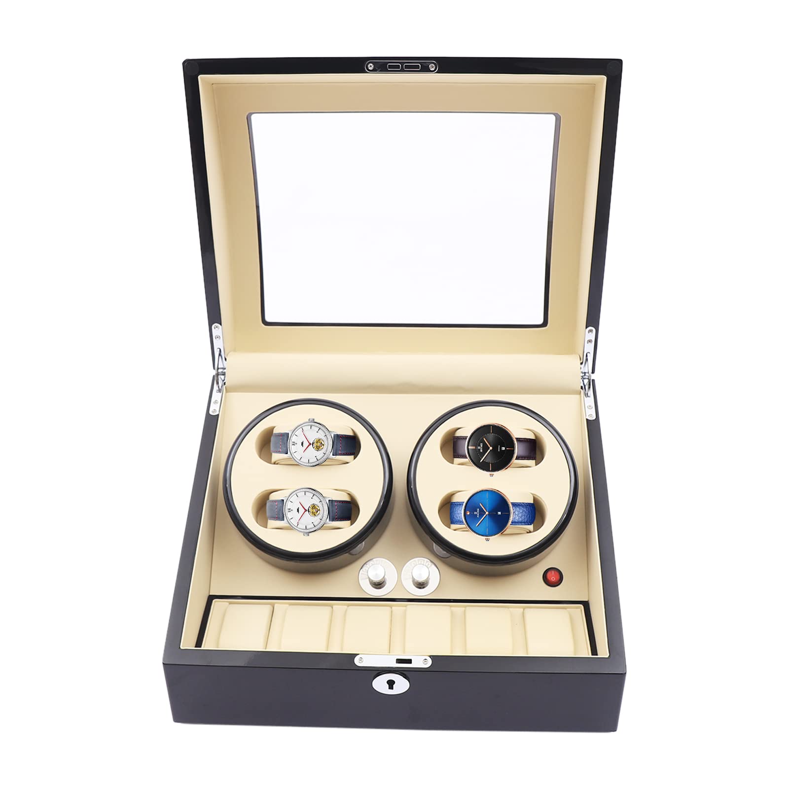 Premium Automatic Watch Winder with 4 Watch Winders & 6 Display Slots - Silent Motor Wooden Rotating Display Box for Luxury Watch Collection Storage & Display - Perfect for Home, Office or Travel Watch Care