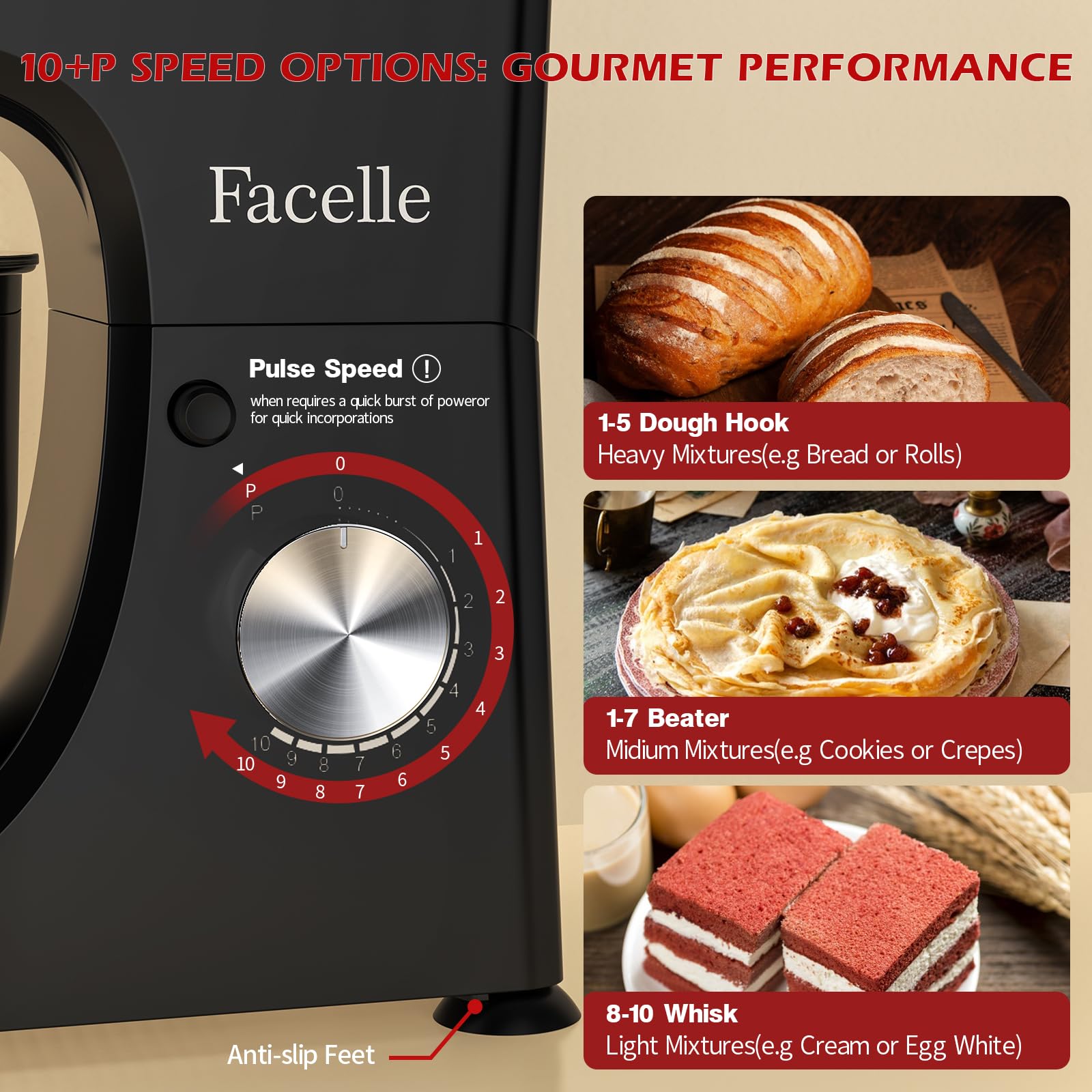 Facelle 5.5Qt Stand Mixer - 10+ Speed Tilt-Head Electric Kitchen Mixer with Stainless Steel Bowl, Dough Hook, Whisk & Beater - Perfect for Baking Cakes, Cookies, Bread & More | Ideal for Home Bakers & Professional Kitchens