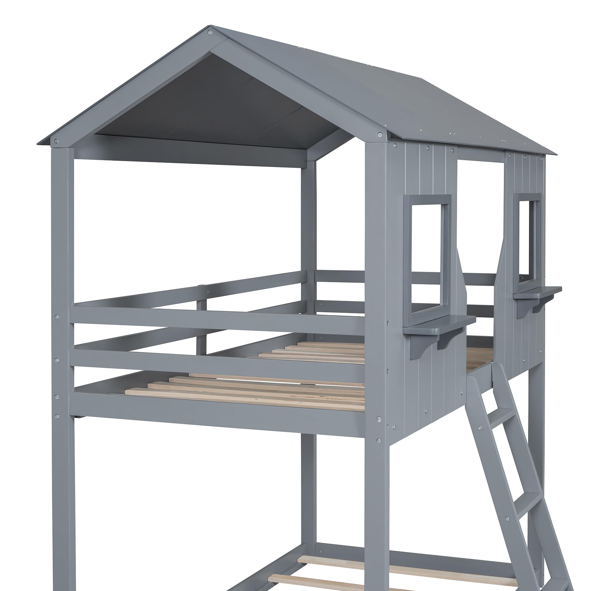 Polibi Twin-Over-Twin Wooden Bunk Bed with Playhouse Design - Farmhouse Style Kids Bunk Bed with Ladder & Safety Guardrails - Space-Saving Grey Bunk Bed for Kids' Bedroom, Playroom or Small Spaces