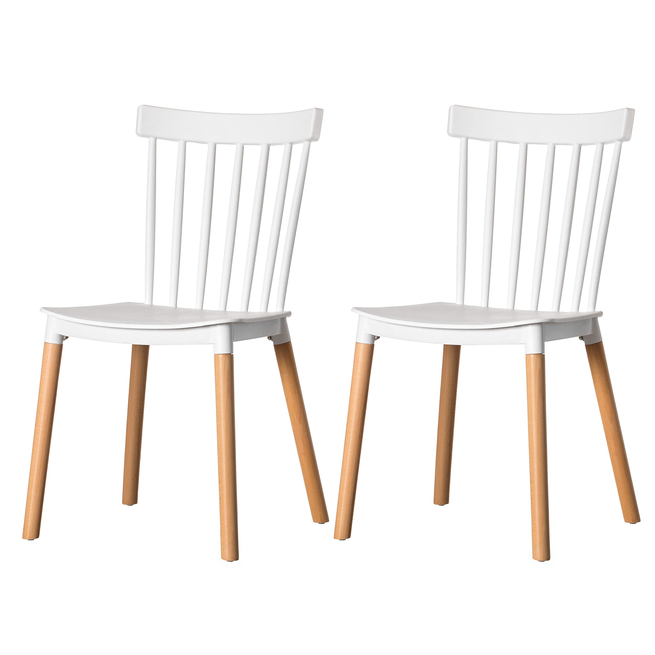 Fabulaxe Modern White Plastic Dining Chairs Set of 2 - Windsor Style with Beech Wood Legs for Kitchen, Dining Room, and Outdoor Patio Use