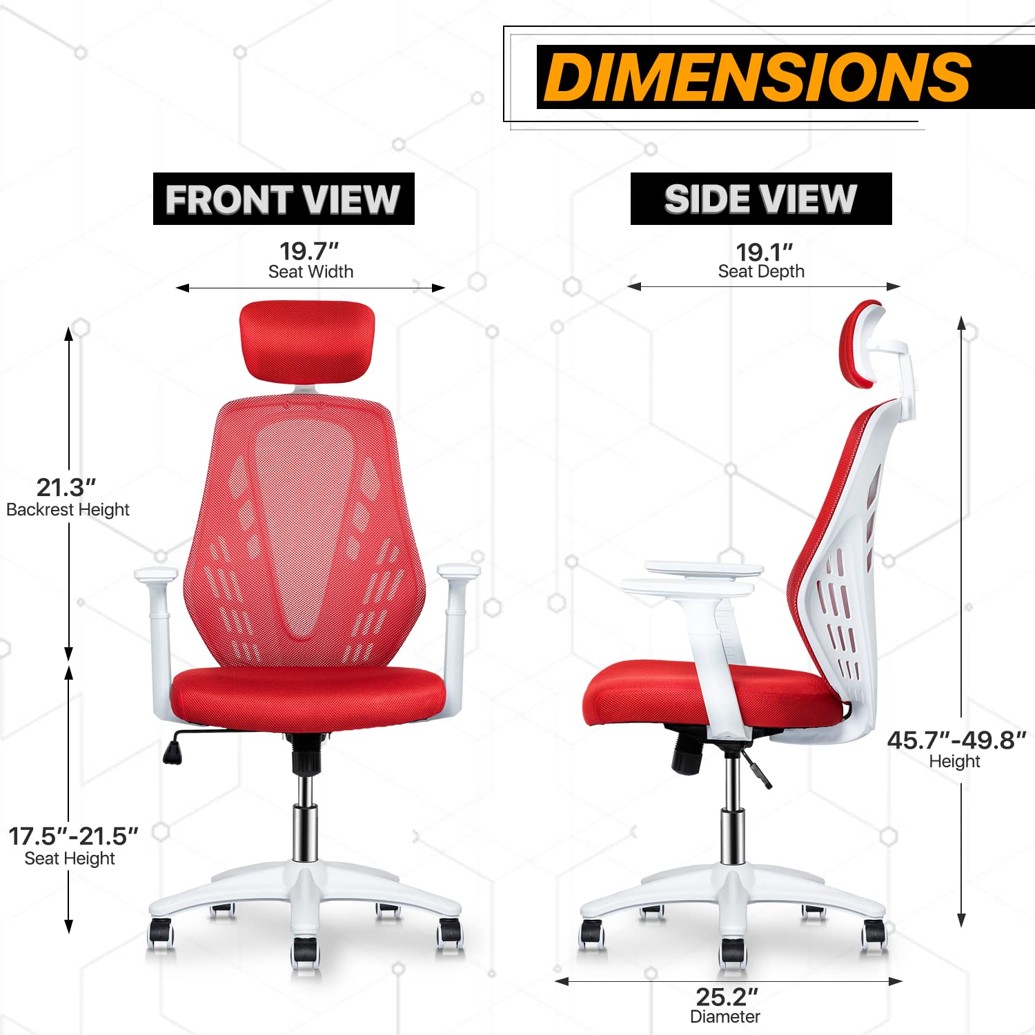 MoNiBloom Ergonomic Mesh Office Chair with Adjustable Headrest, Wheels & T-Shaped Armrests - Comfortable Rolling Swivel Computer Desk Chair for Adults - Perfect for Home Office, Gaming & Workspaces (Red)