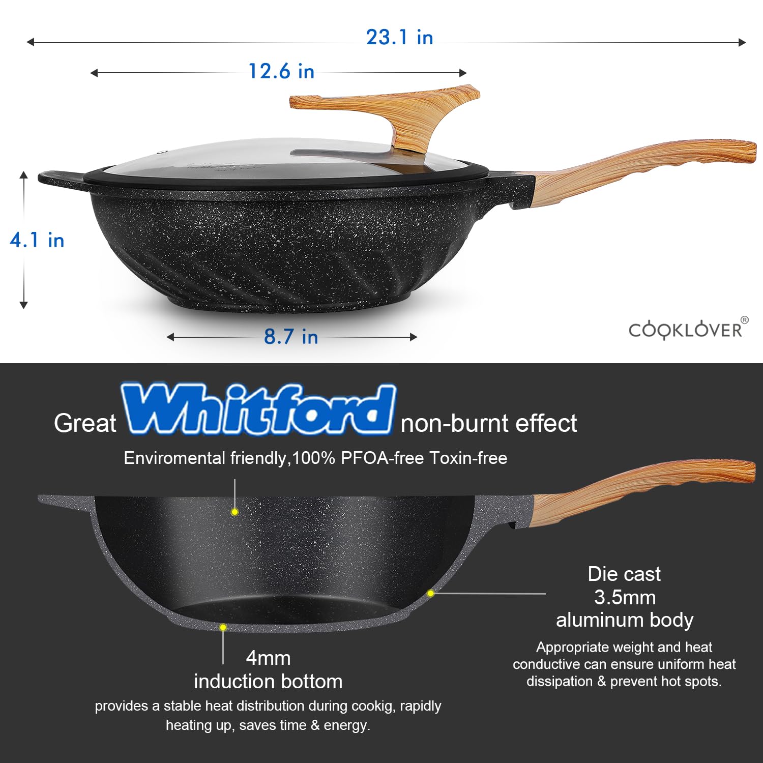 COOKLOVER 12.6 Inch Nonstick Wok Pan - Die-Cast Aluminum Stir Fry Pan with Lid, Scratch Resistant & PFOA Free, Induction Compatible - Perfect for Asian Cooking, Stir Frying & Healthy Meals