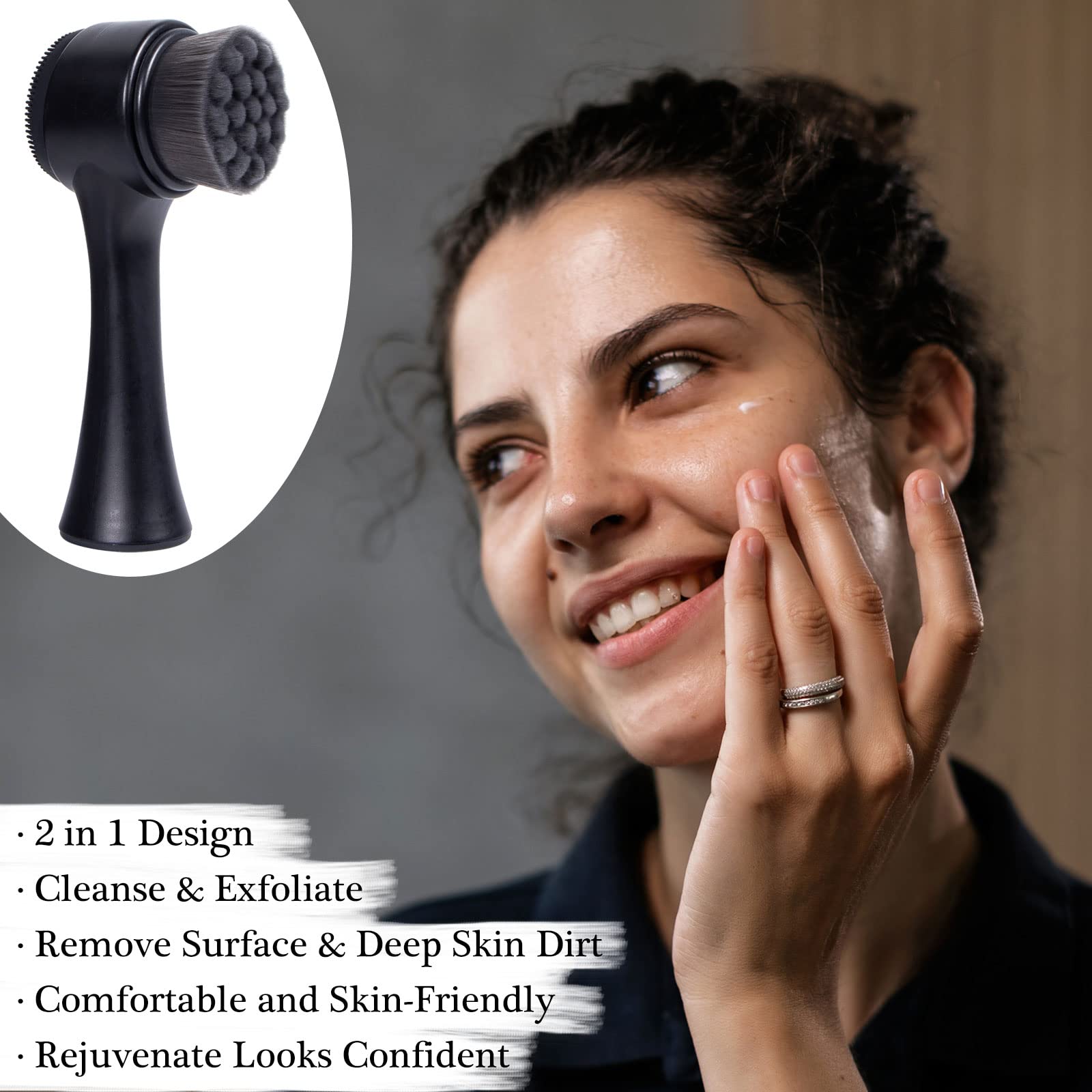 Ooloveminso 2-in-1 Facial Cleansing Brush - Ultra Soft Bristles & Silicone Scrubber for Deep Pore Cleansing & Exfoliation | Perfect for Daily Skincare Routine & Travel-Friendly Beauty Tool (Black)