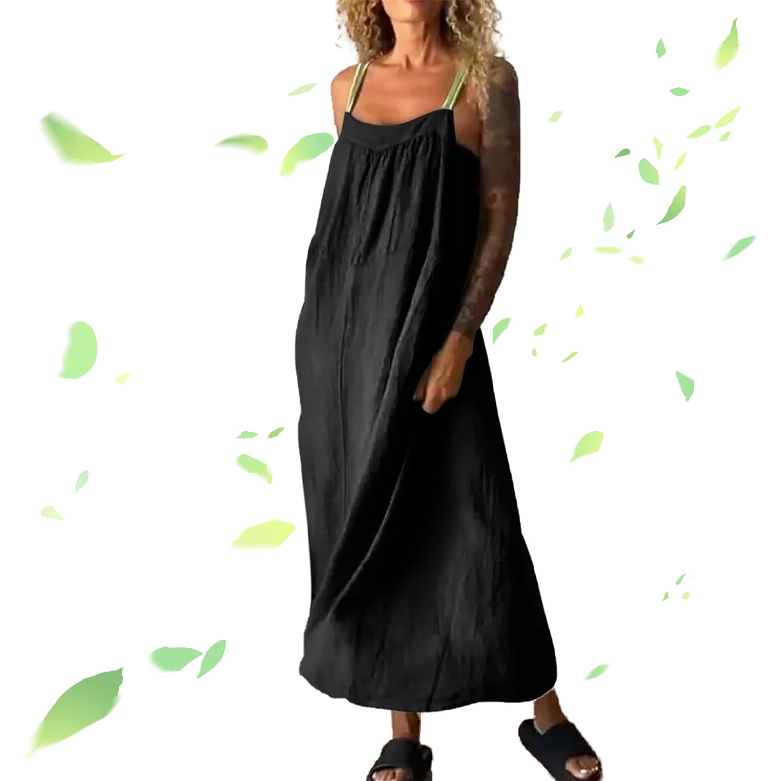 Women's Cotton Linen Sling Dress - Sleeveless Plus Size Summer Sundress with Pockets | Casual Beach Wear, Vacation Outfit & Boho Chic Dress for Women