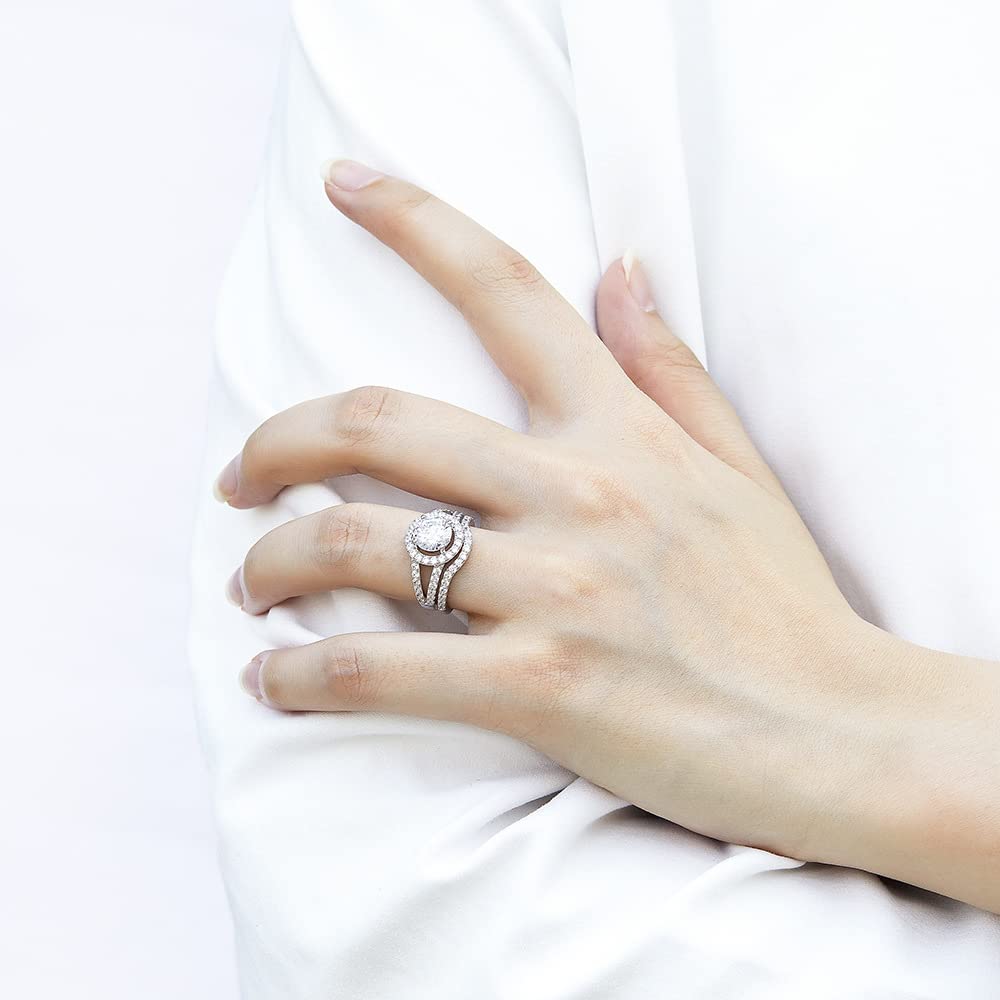 **1 Carat Moissanite Wedding Ring Set for Women - Platinum Plated Silver Bridal Set with Engagement & Anniversary Promise Rings - Text Engraving Available - Perfect for Proposals, Weddings & Anniversaries**
