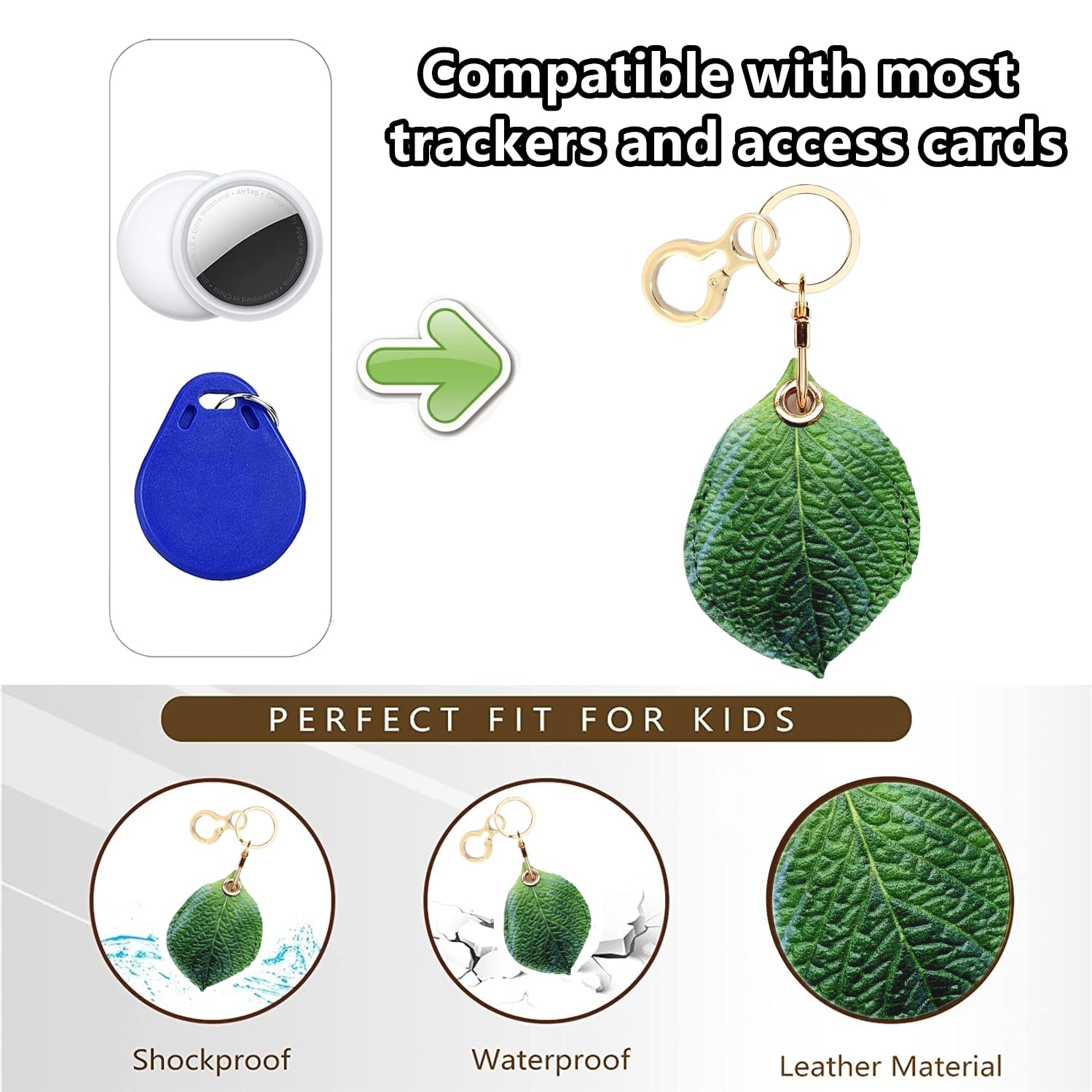 Leather Keychain Holder Case for Apple AirTag - Cute GPS Tracker Cover with Key Ring, Green Leaf Design | Perfect for Keys, Wallets & Backpacks