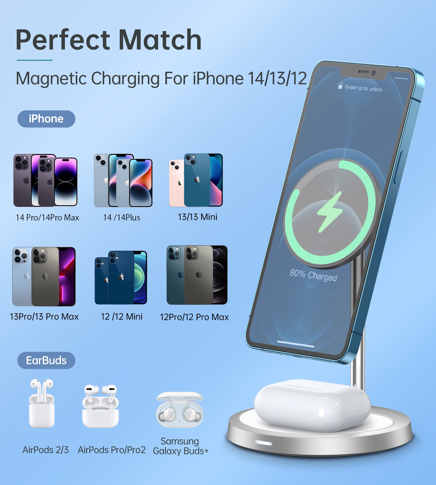 Choetech MFM 2-in-1 Magnetic Wireless Charger Stand for iPhone 12/13/14 Series - Fast Charging Phone Holder for Home, Office & Car Use