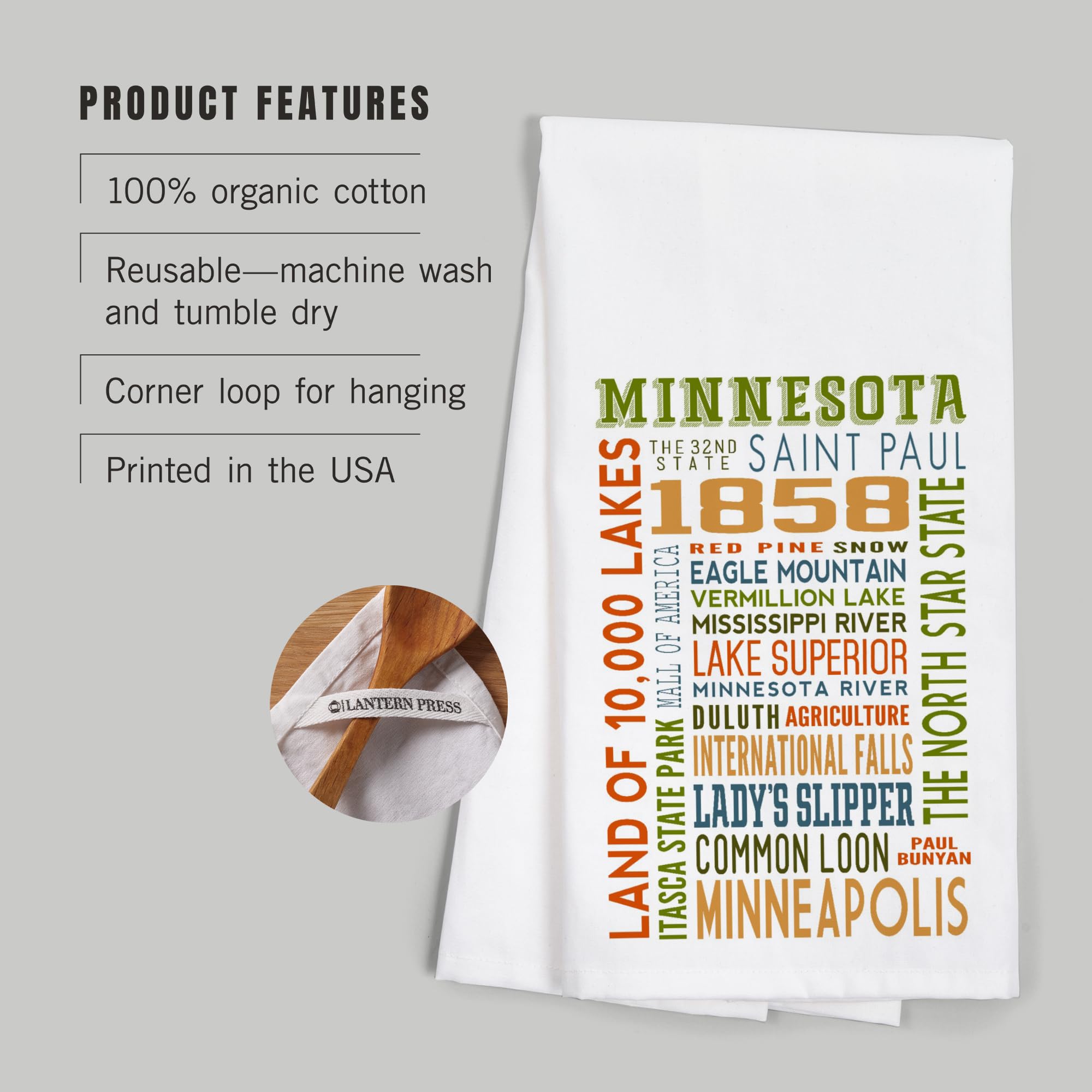 Lantern Press Minnesota Typography Tea Towel - 100% Cotton Decorative Hand Towel for Kitchen & Home | Perfect for Cooking, Baking, and Farmhouse Decor