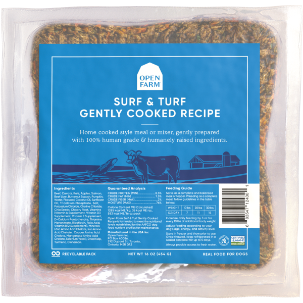 Open Farm Dog Gently Cooked Surf & Turf - Premium Grain-Free Wet Dog Food with Beef & Salmon - Perfect for Picky Eaters & Sensitive Stomachs - Ideal for Mealtime, Training Treats & Senior Dogs