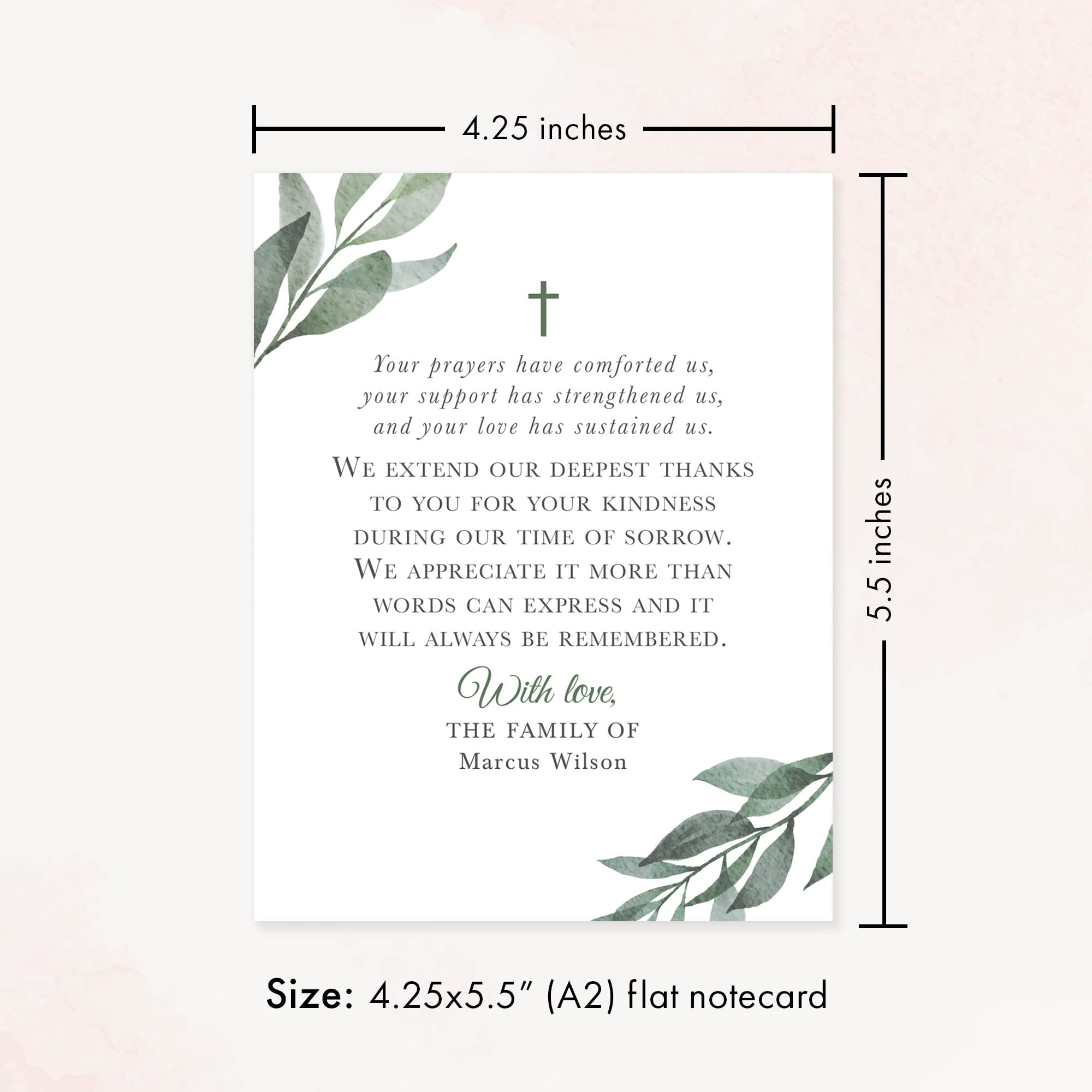 Personalized Greenery Funeral Thank You Cards with Cross - Sympathy Acknowledgement Cards with Envelopes (4.25x5.5 Inch Flat Notecards) - Perfect for Memorial Services, Bereavement Gifts & Condolence Notes