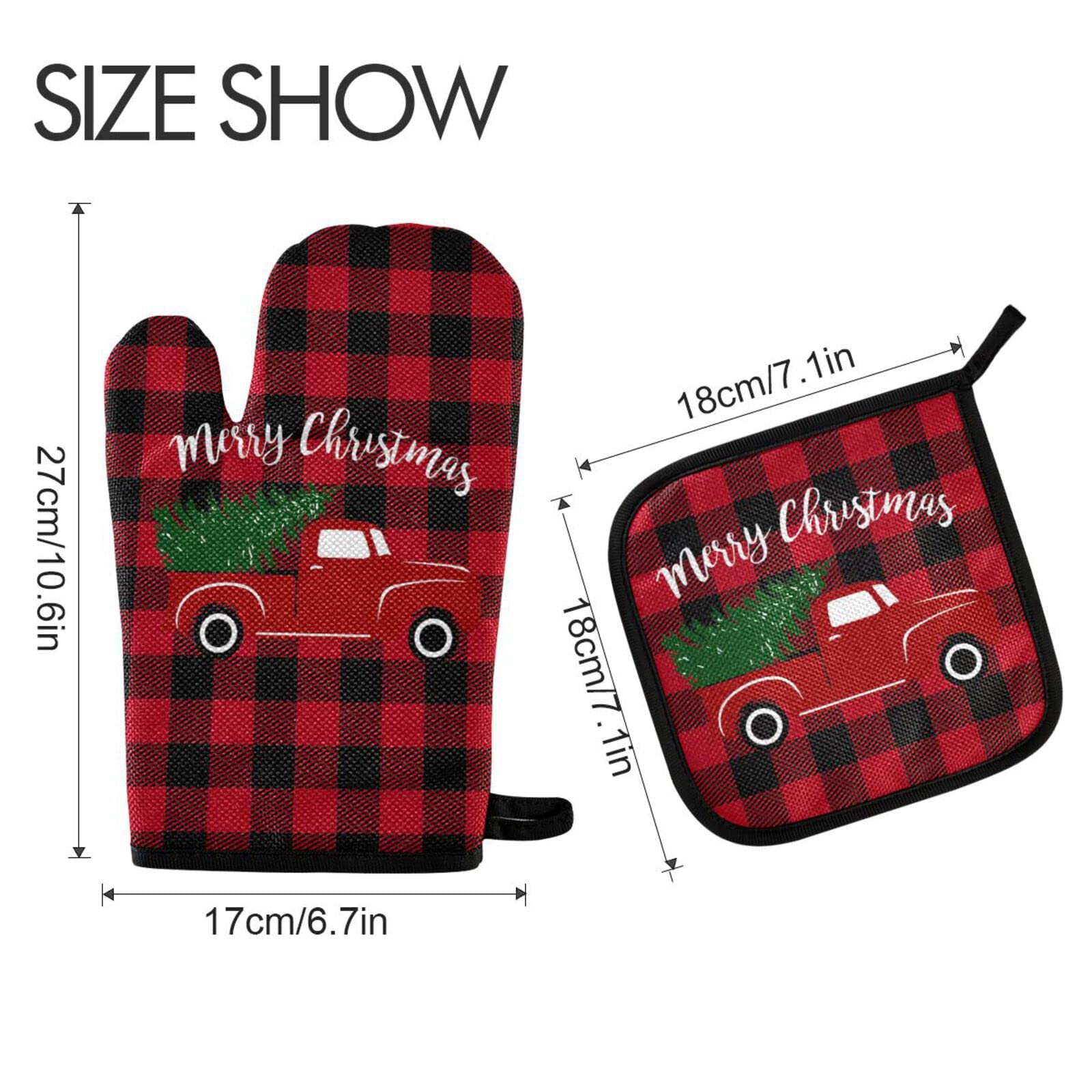 Festive Red Truck Buffalo Plaid Oven Mitts & Pot Holders Set - Heat Resistant, Non-Slip Christmas Kitchen Accessories for Cooking, Baking, BBQ - Perfect Holiday Gift & Cozy Winter Home Decor