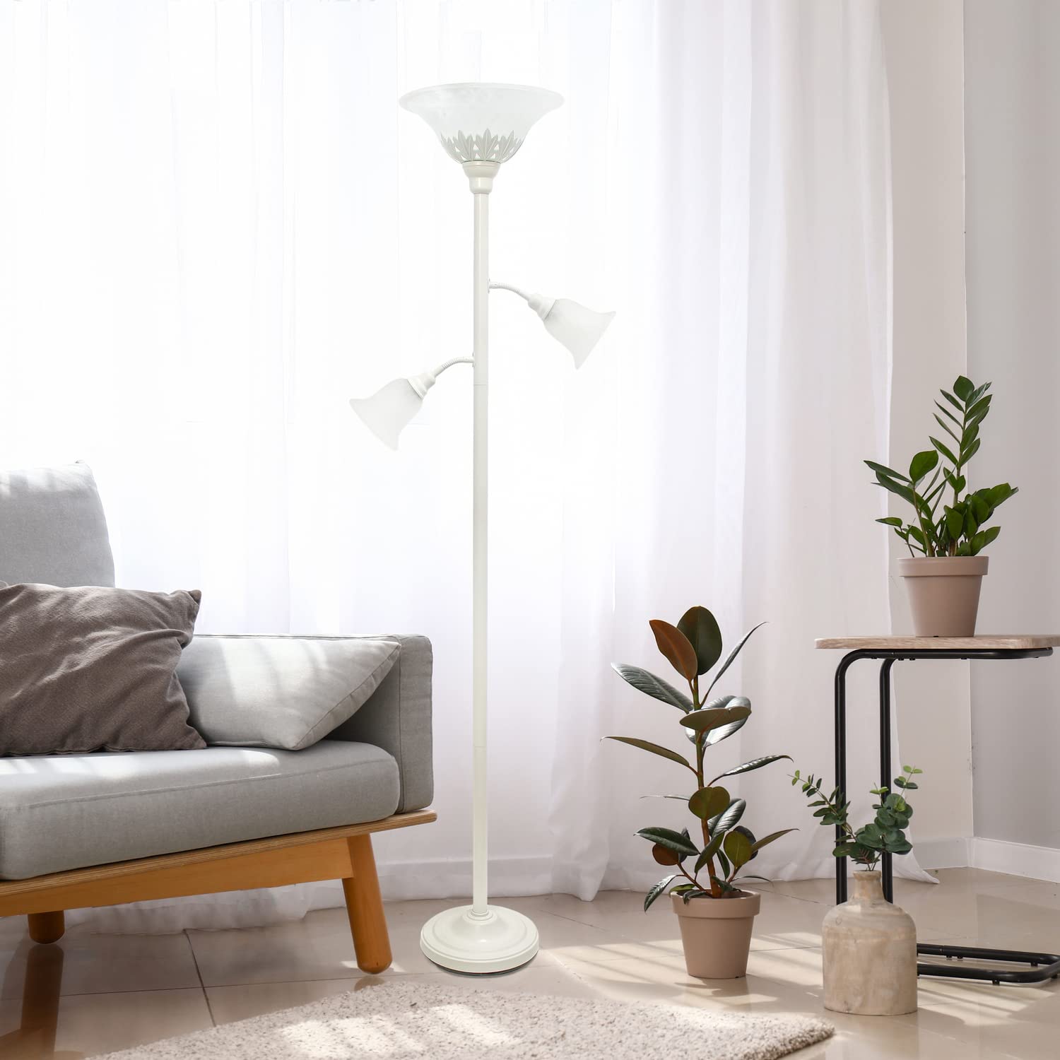 White Torchiere Floor Lamp with 2 Adjustable Reading Lights & Scalloped Glass Shades - Perfect for Living Room, Bedroom & Office Lighting