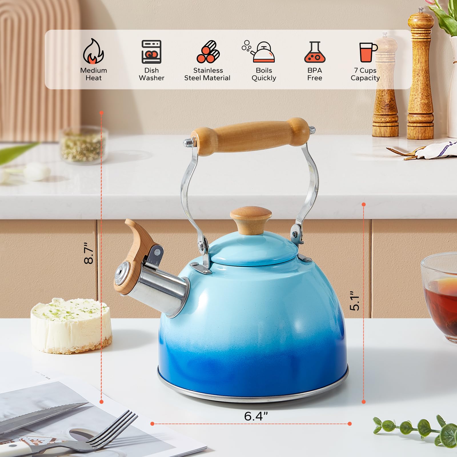 Premium Stainless Steel Whistling Tea Kettle - 1.6 Quart Stovetop Teapot with Cool-Touch Ergonomic Handle, Food Grade Safe (Blue) - Perfect for Home, Office & Outdoor Tea Brewing