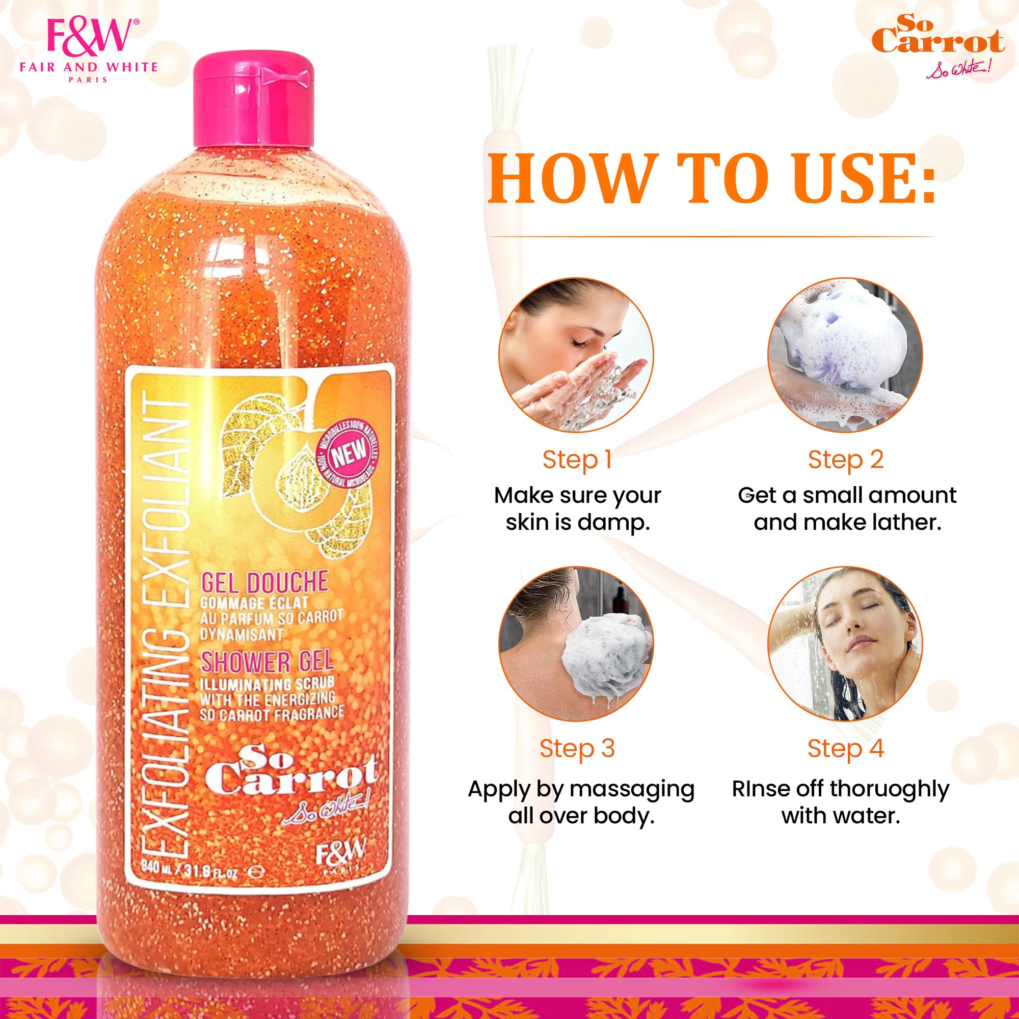 FAIR & WHITE So Carrot Body Scrub & Wash - Exfoliating & Moisturizing - 31.8 Fl Oz (940ml) - Brightening & Smoothing Skin Care - Perfect for Shower & Spa Days