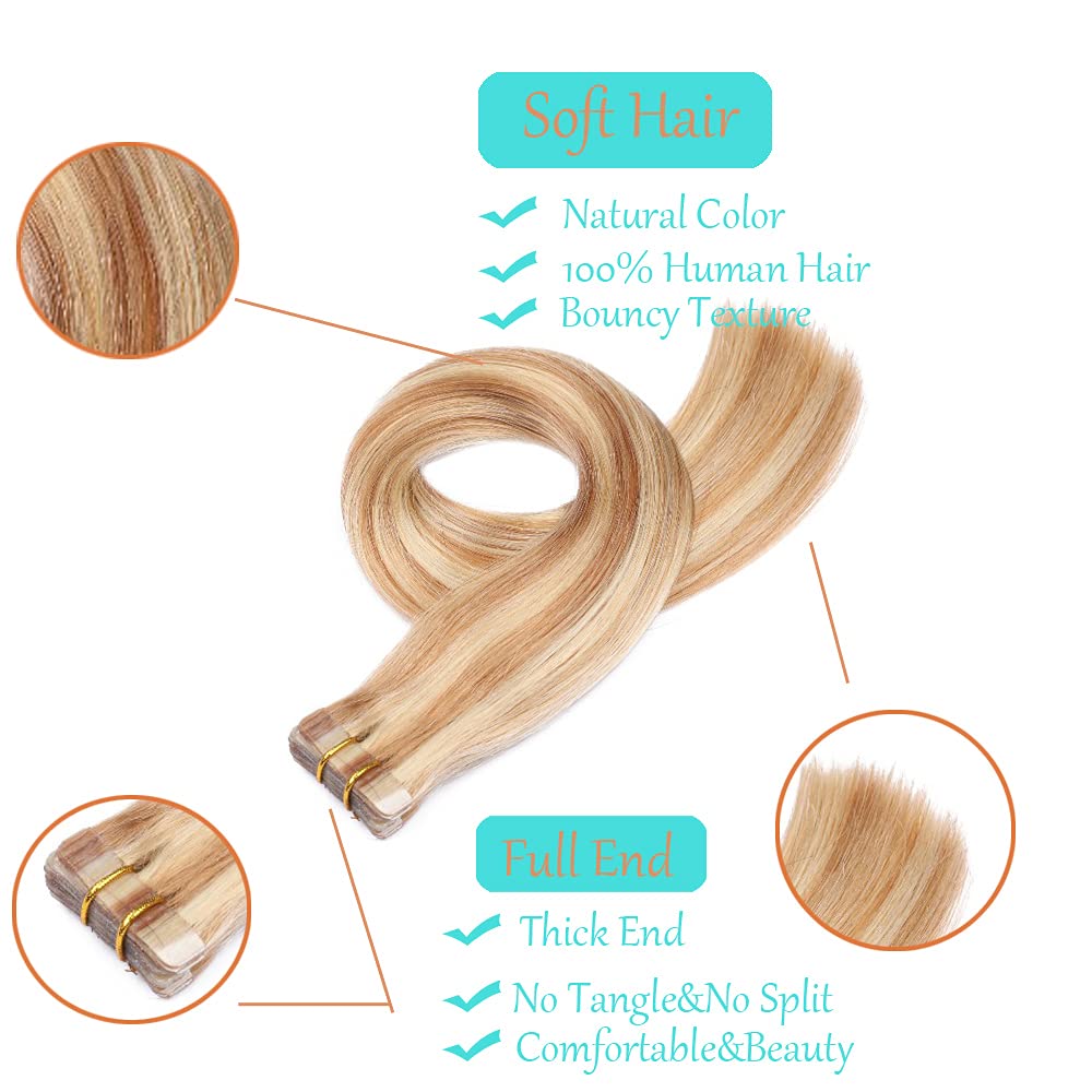 22'' 60g 20pcs Natural Invisible Tape-in Human Hair Extensions - Remy Brazilian Silky Straight Seamless Glue Hair Wefts for Women | Perfect for Daily Styling, Parties & Special Occasions