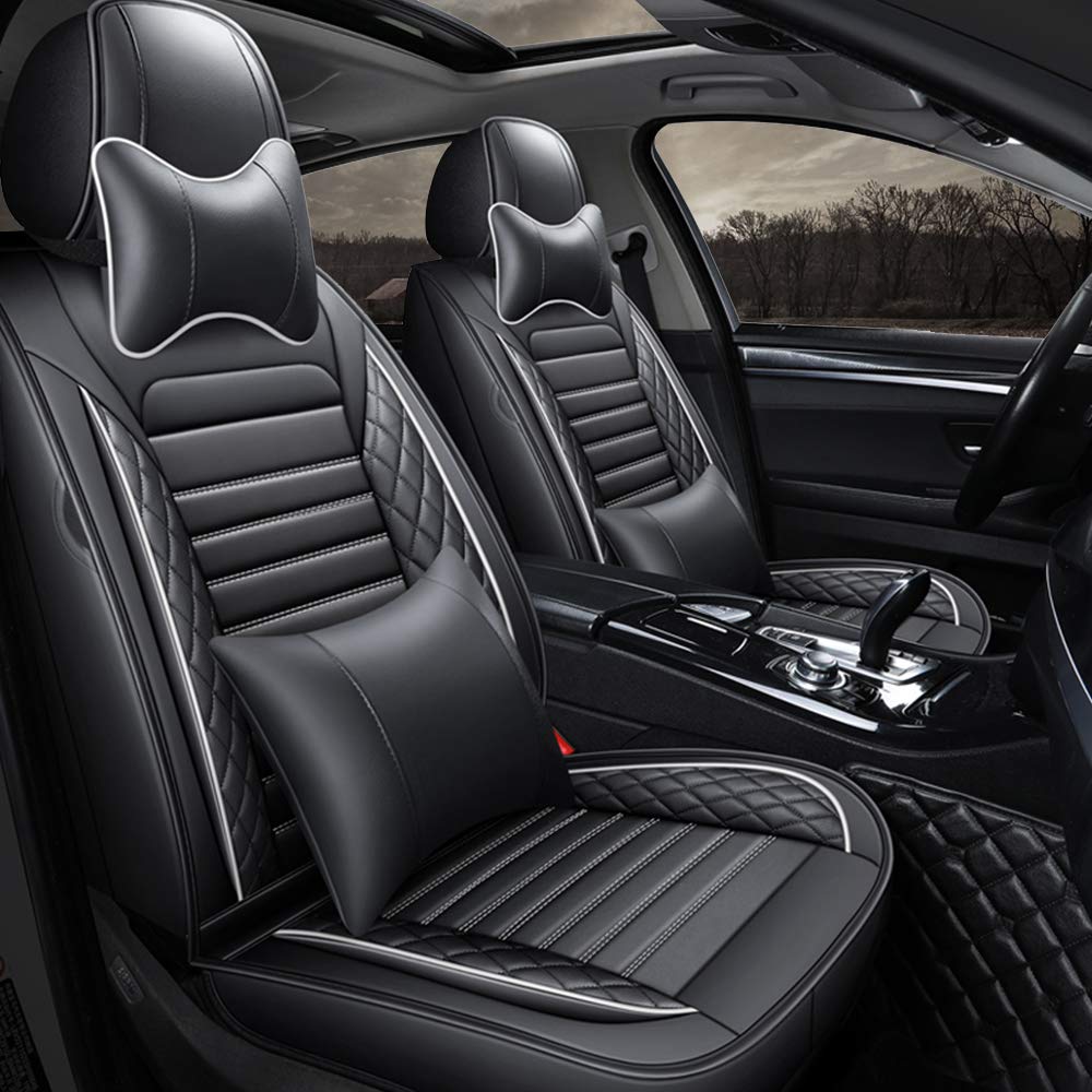 Premium Waterproof Faux Leather Car Seat Covers Full Set - Universal Fit for Sedan, SUV, Truck (5-Piece) | Breathable Leatherette Front & Rear Seat Protectors with Pillows | Black & White | Perfect for Daily Commute, Road Trips & Family Protection