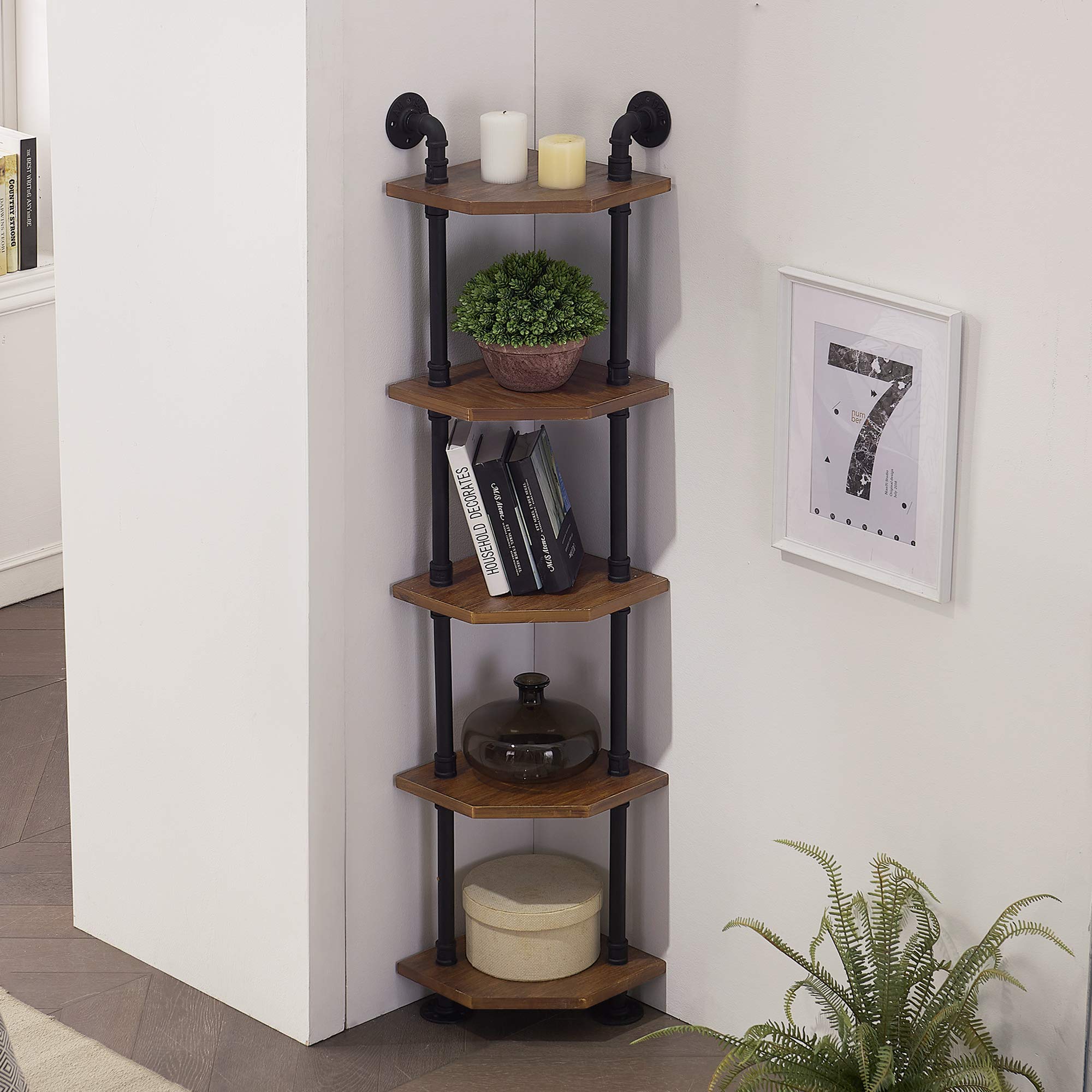 **ivinta Industrial Bookcase Corner Shelf - 5-Tier Wall Mounted Pipe Bookshelf, Solid Wood Shelves & Metal Display Stand for Living Room, Office, or Bedroom Storage**