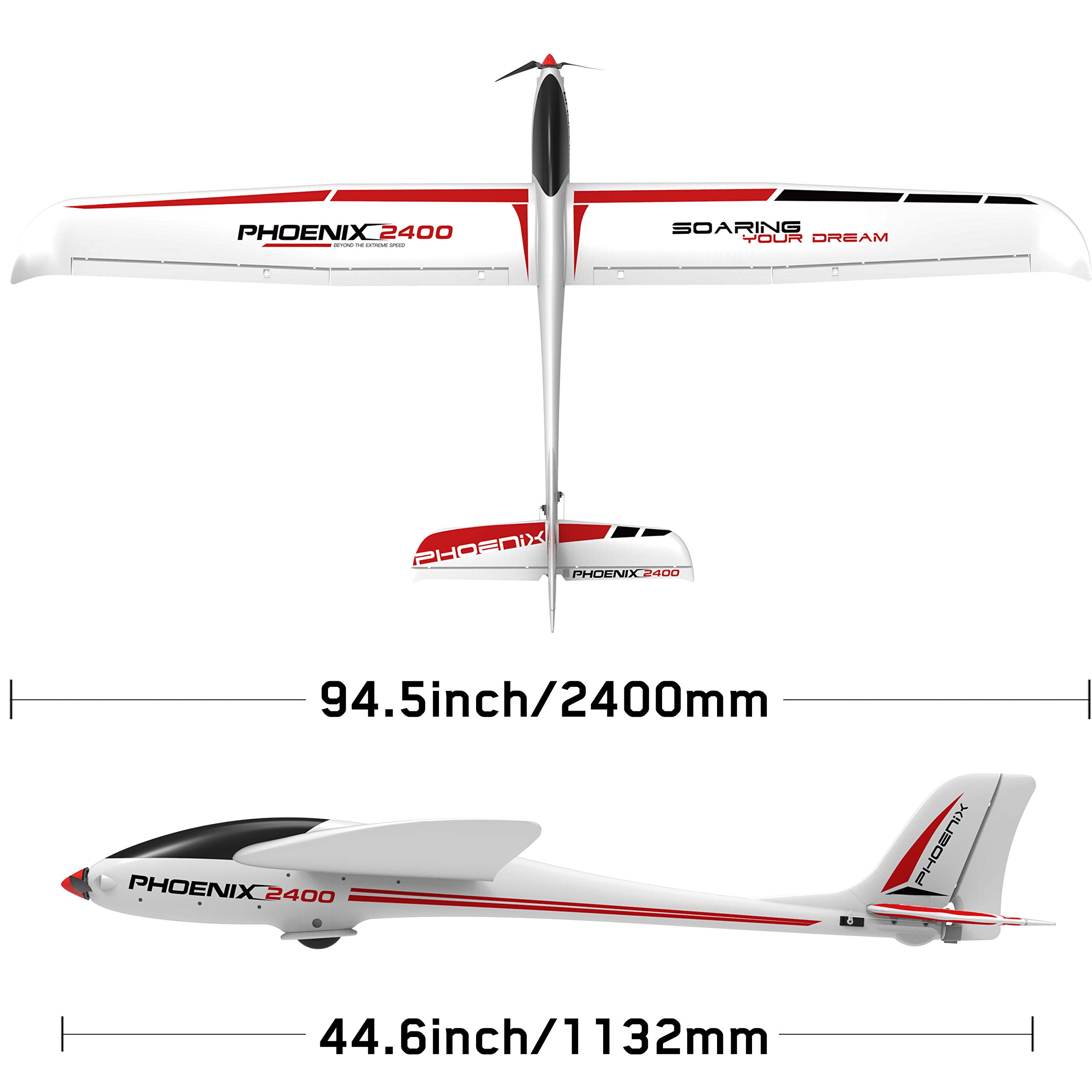 VOLANTEXRC Phoenix 2400 RC Airplane - Professional Level Glider with Plastic Unibody Fuselage, PNP Version (No Battery/Charger) - Great for Outdoor Flying, RC Hobbyists & Aerial Photography (Model EXA75903P)