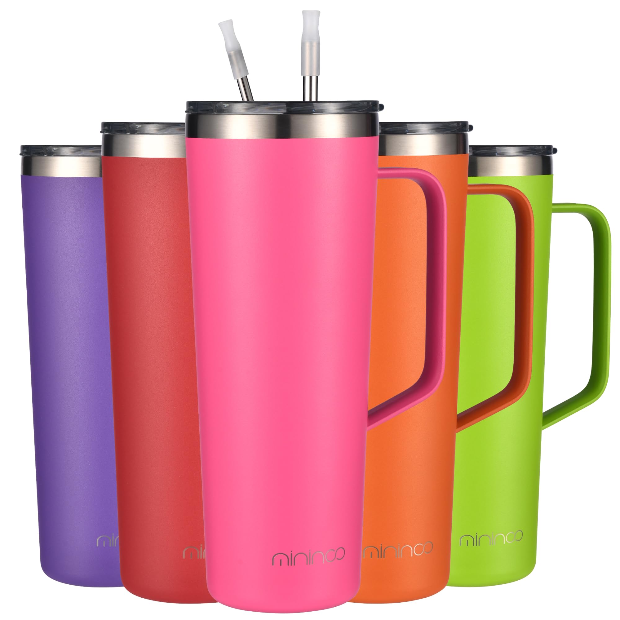 Mininoo 24oz Insulated Stainless Steel Tumbler with Handle - Leakproof Travel Coffee Mug with Lid & Straws - Hot Pink - Perfect for Office, Gym, Hiking & Road Trips