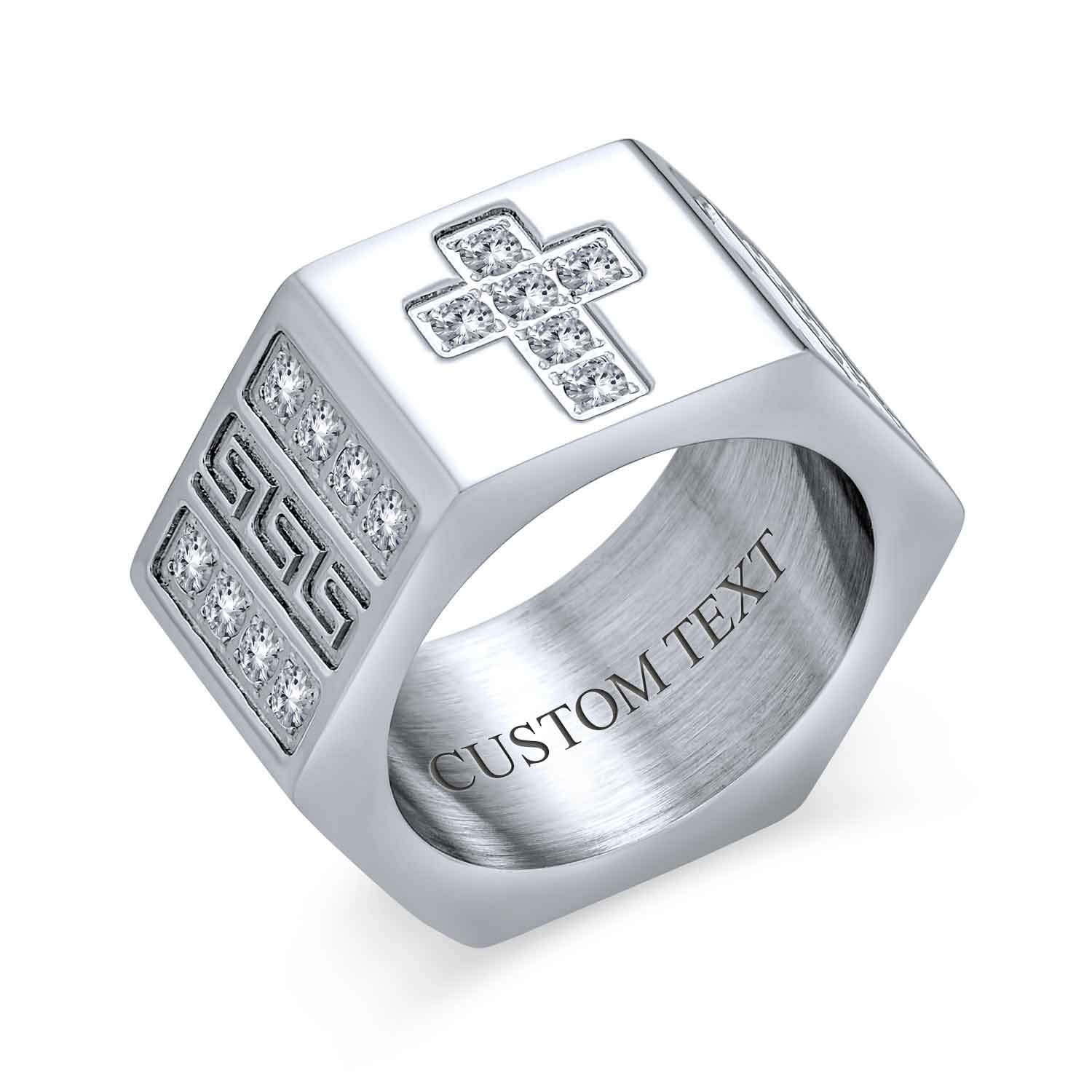 Personalized Greek Key Geometric Pave CZ Accent Men's Signet Ring - .925 Sterling Silver or Stainless Steel Cubic Zirconia Statement Band for Gifts & Special Occasions