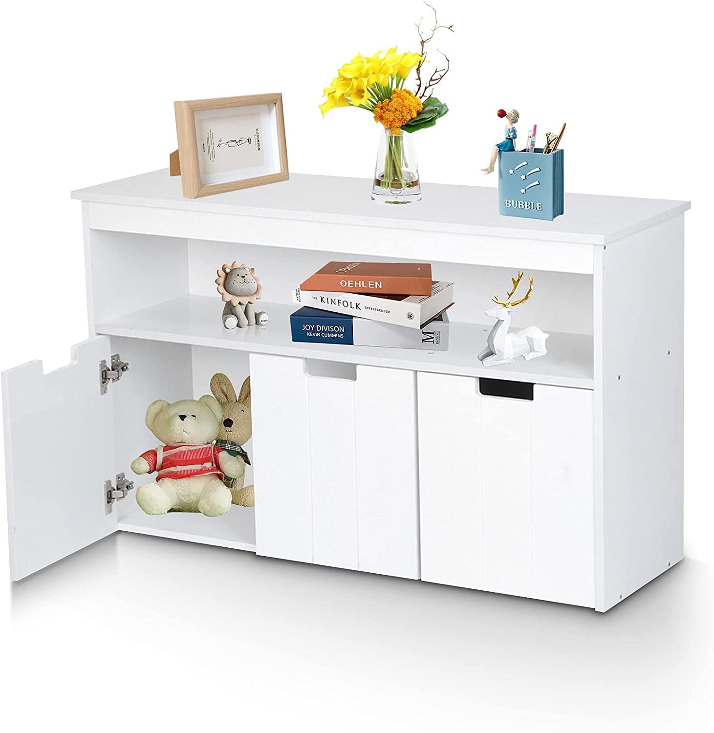 Kids Toy Storage Organizer - 3 Drawer Wooden Bookcase with Shelves for Playroom & Bedroom, Multifunctional Cabinet for Toys, Books & Clothes (40.2 x 13 x 24.4 Inch, White) - Perfect for Organizing Kids Room, Nursery & Daycare Centers