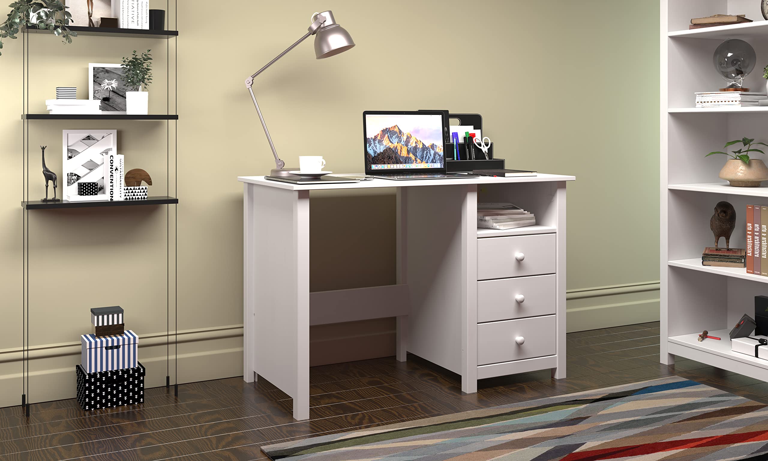 Solid White Pine Wood Computer Desk with Drawers - Compact Home Office Desk for Study, Bedroom & Workspace - Durable Writing Desk with Smart Storage Solutions - Perfect for Remote Work, Online Classes & Small Spaces