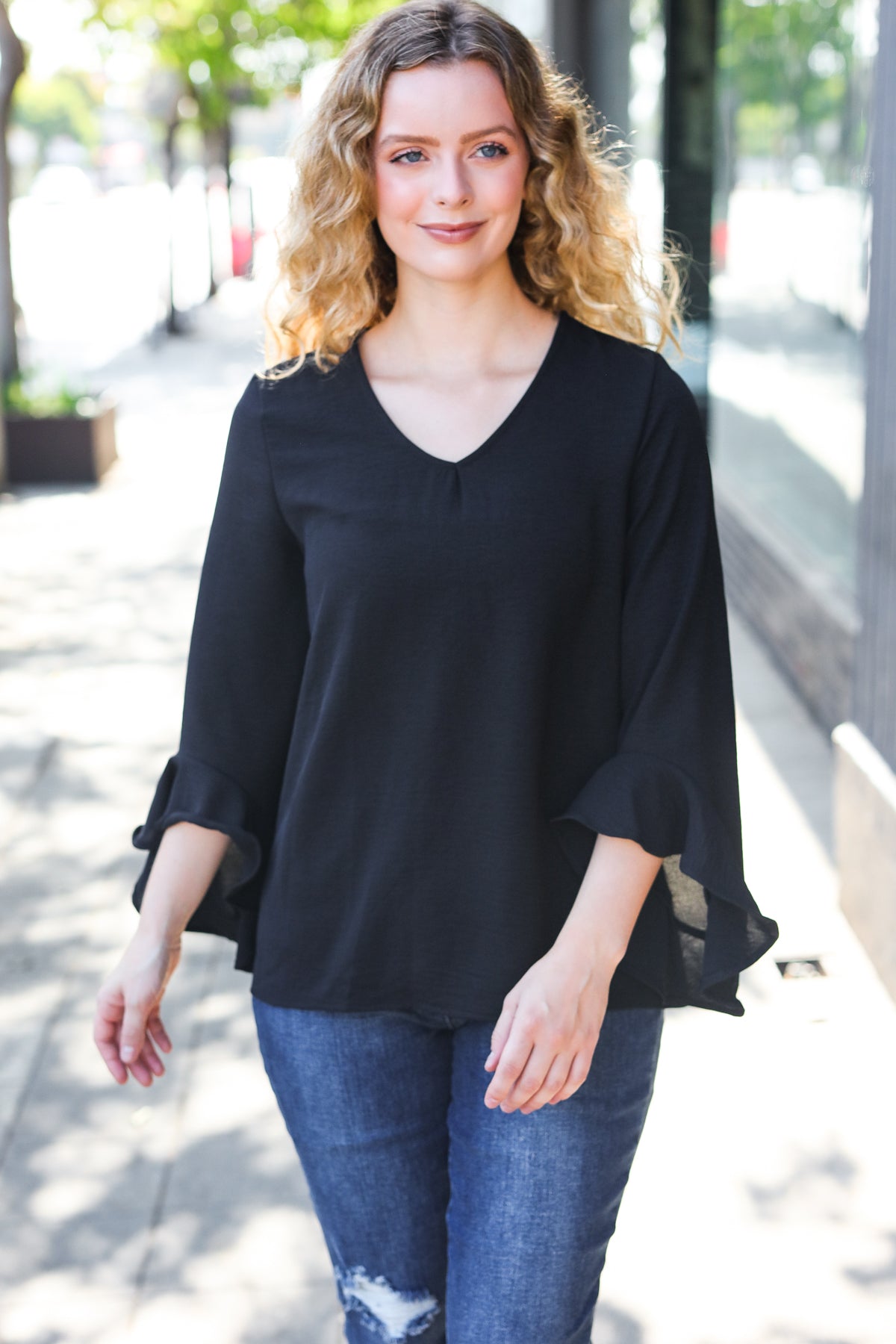 Falling In Love Black Hi-Lo Ruffle Sleeve Woven Top for Women | Elegant Party & Date Night Blouse | Perfect for Evening Events, Cocktail Parties and Romantic Outfits