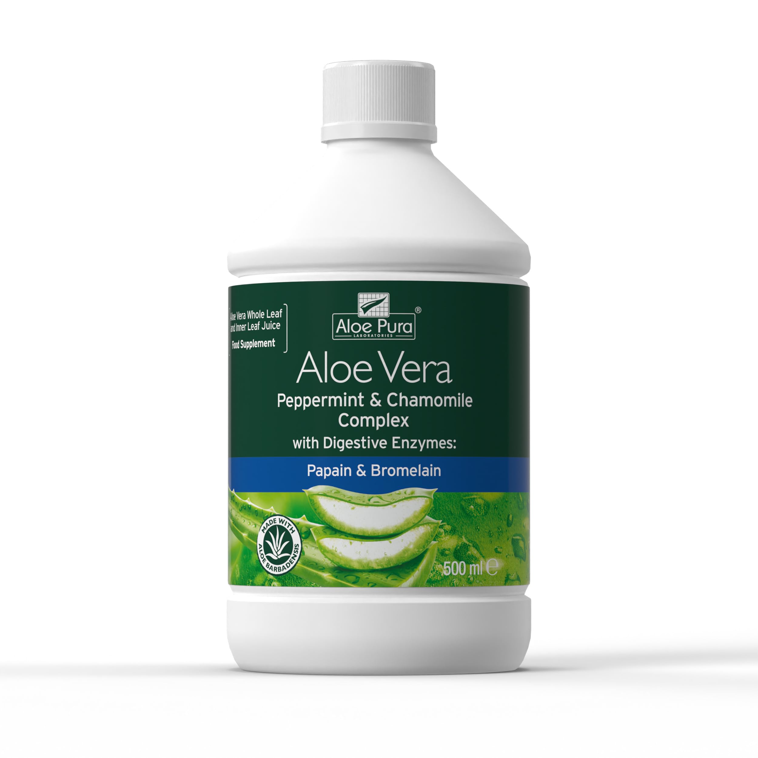 Aloe Vera Juice with Peppermint & Chamomile - Natural Digestive Support, Vegan & Cruelty-Free, 500ml - Contains Papain & Bromelain Enzymes - Perfect for Gut Health & Daily Wellness