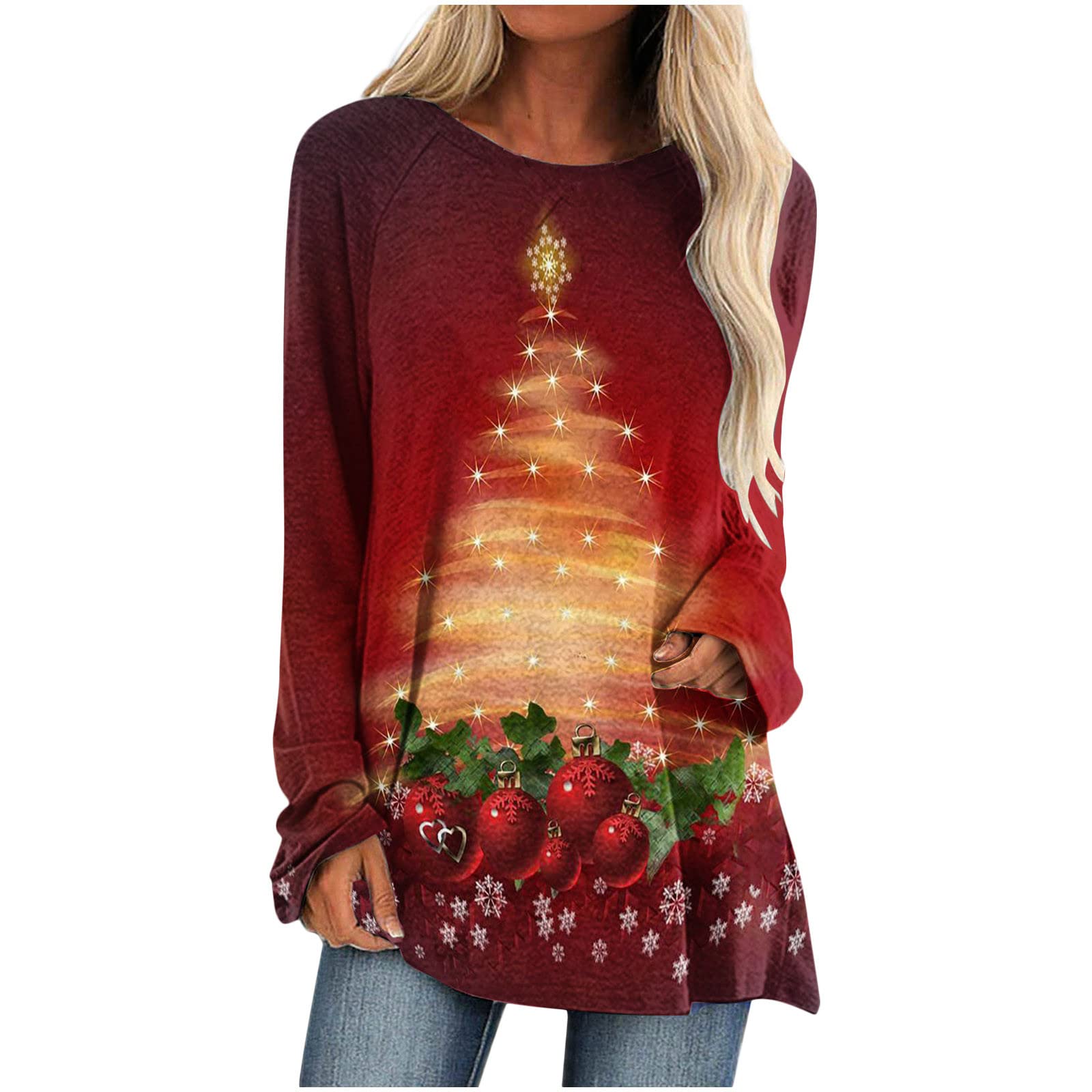 NaRHbrg Women's Christmas Tunic Tops - Casual Long Sleeve Pullover Shirts with Festive Tree Print | Holiday Party Wear, Ugly Sweater Outfits & Seasonal Family Gatherings