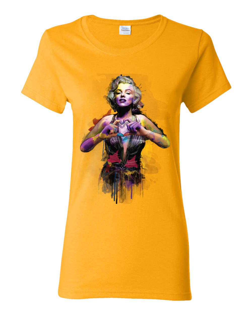 Vintage Marilyn Monroe Watercolor Love Pop Art Women's Graphic T-Shirt - Gold Color, Medium Size - Perfect for Casual Wear, Retro Parties & Pop Culture Fans