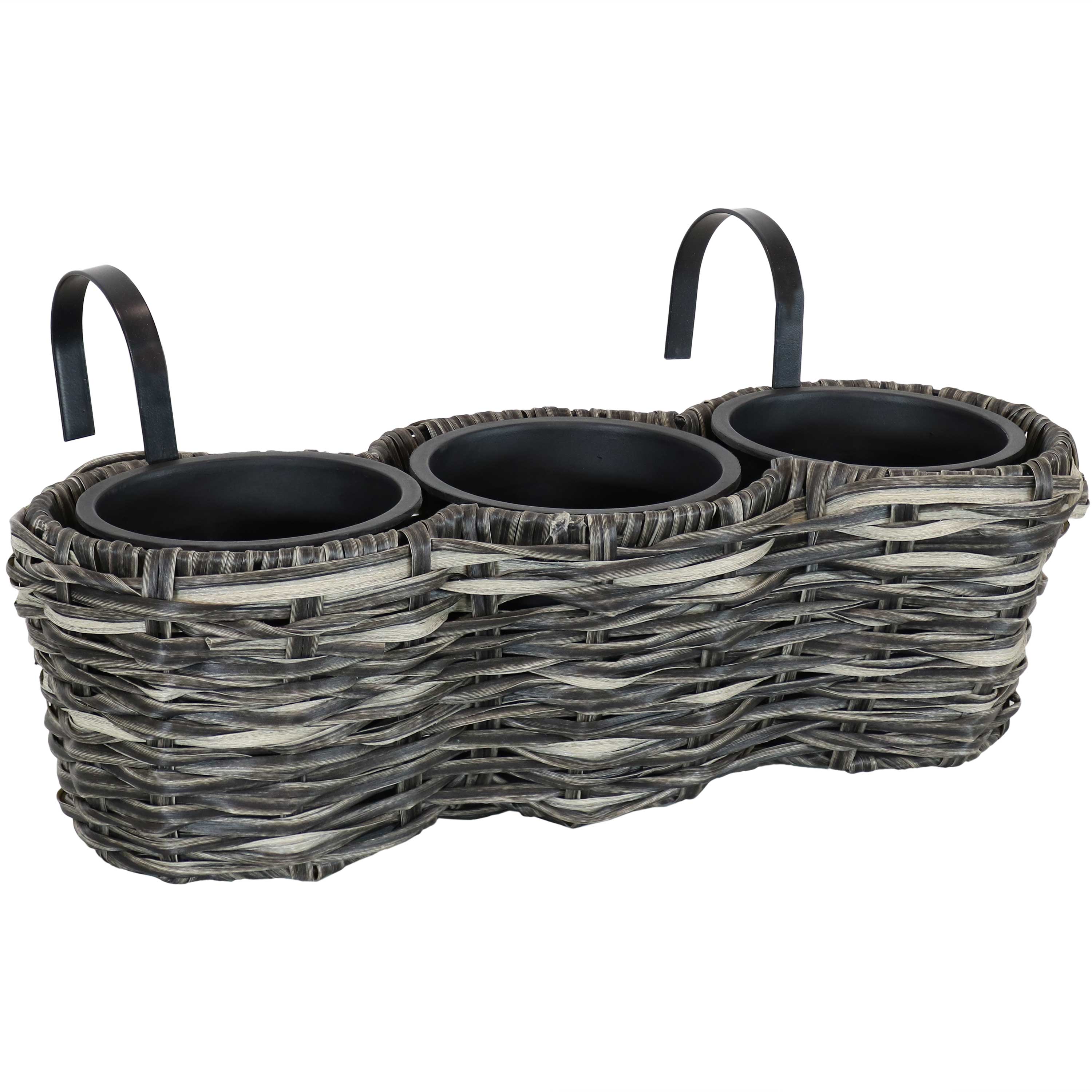 Sunnydaze Round Polyrattan 3-Section Over the Rail Planter - Hanging Flower Box for Balcony, Deck, Porch & Window Railings - Outdoor Garden Decor