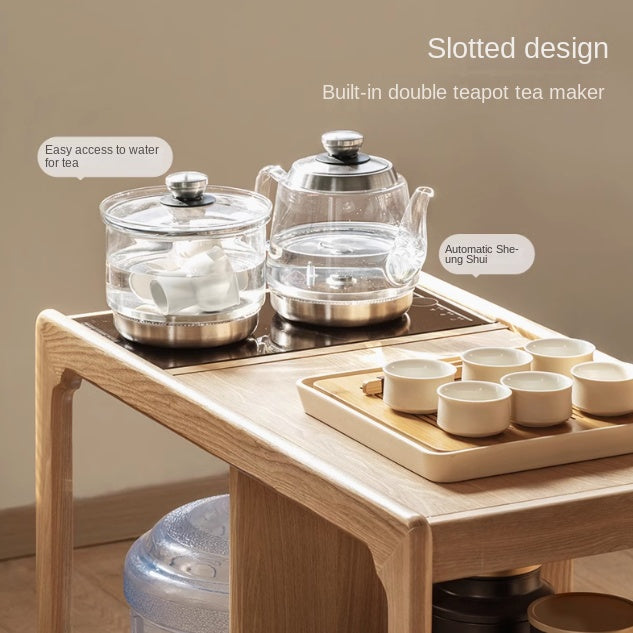 Premium Oak Solid Wood Folding Tea Table with Built-in Kettle - Perfect for Living Room, Garden, and Outdoor Tea Ceremonies
