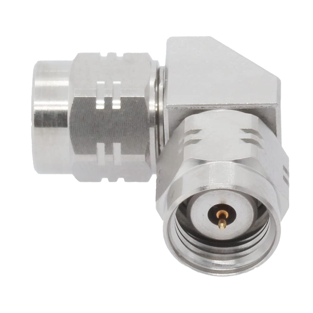 1.85mm Male to 1.85mm Male Right Angle RF Adapter | DC-67GHz 50 Ohm Stainless Steel Microwave Connector | for Test Equipment, RF Systems & High-Frequency Applications