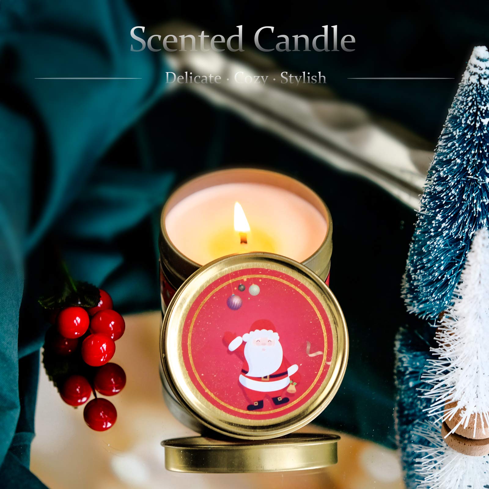 STRN Christmas Scented Candles Gift Set - 4 Pack Holiday Candles in Travel Tins (Apple Cinnamon, Gingerbread, Noble Wine, Winter Cedarwood) for Home Decor, Cozy Ambiance & Thoughtful Gifts