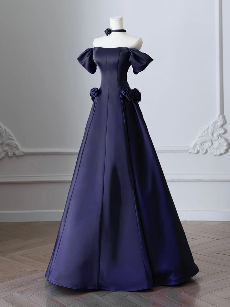 Elegant A-Line Off Shoulder Satin Dark Blue Long Prom Dress - Formal Evening Gown for Homecoming, Ball, Wedding & Special Occasions