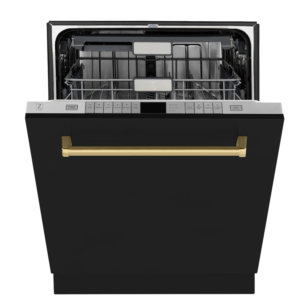ZLINE Autograph Edition 24-inch Black Matte Dishwasher with Polished Gold Handle - Ultra Quiet 45dBa, 3rd Rack & Top Touch Controls - Perfect for Modern Kitchens, Open Concept Homes & Luxury Apartments