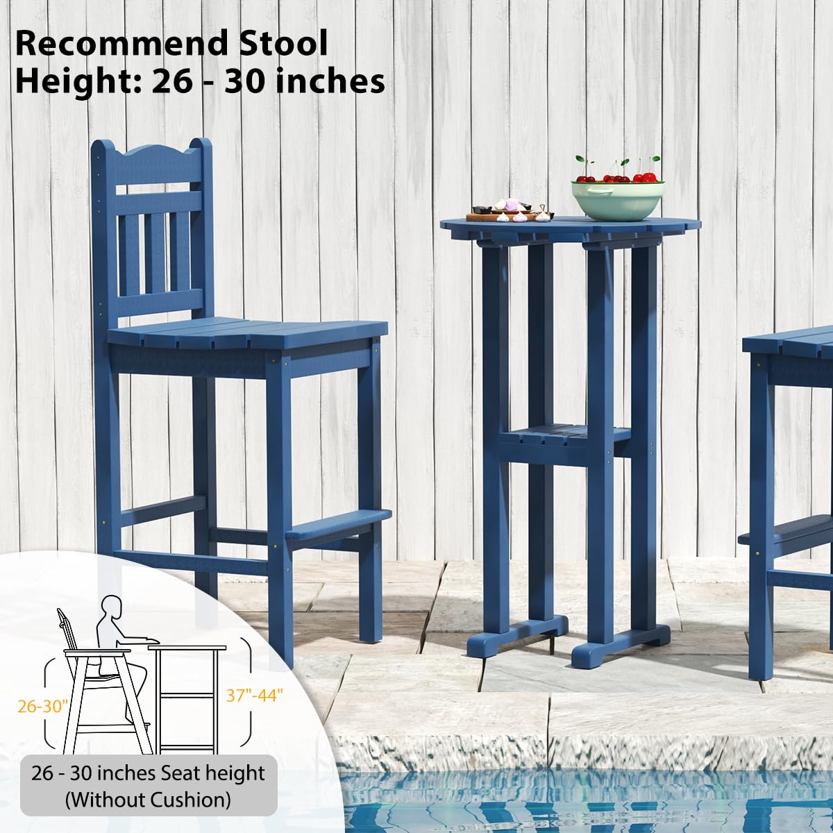 Sundale Outdoor 3-Piece Adirondack Bar Set - 2 Counter Height Adirondack Chairs & Round Side Table - HDPE High Top Stools for Patio, Deck, Garden - Navy Blue Pub Bistro Dining Furniture for 2 - Perfect for Backyard Entertaining, Poolside Relaxation & Outdoor Gatherings