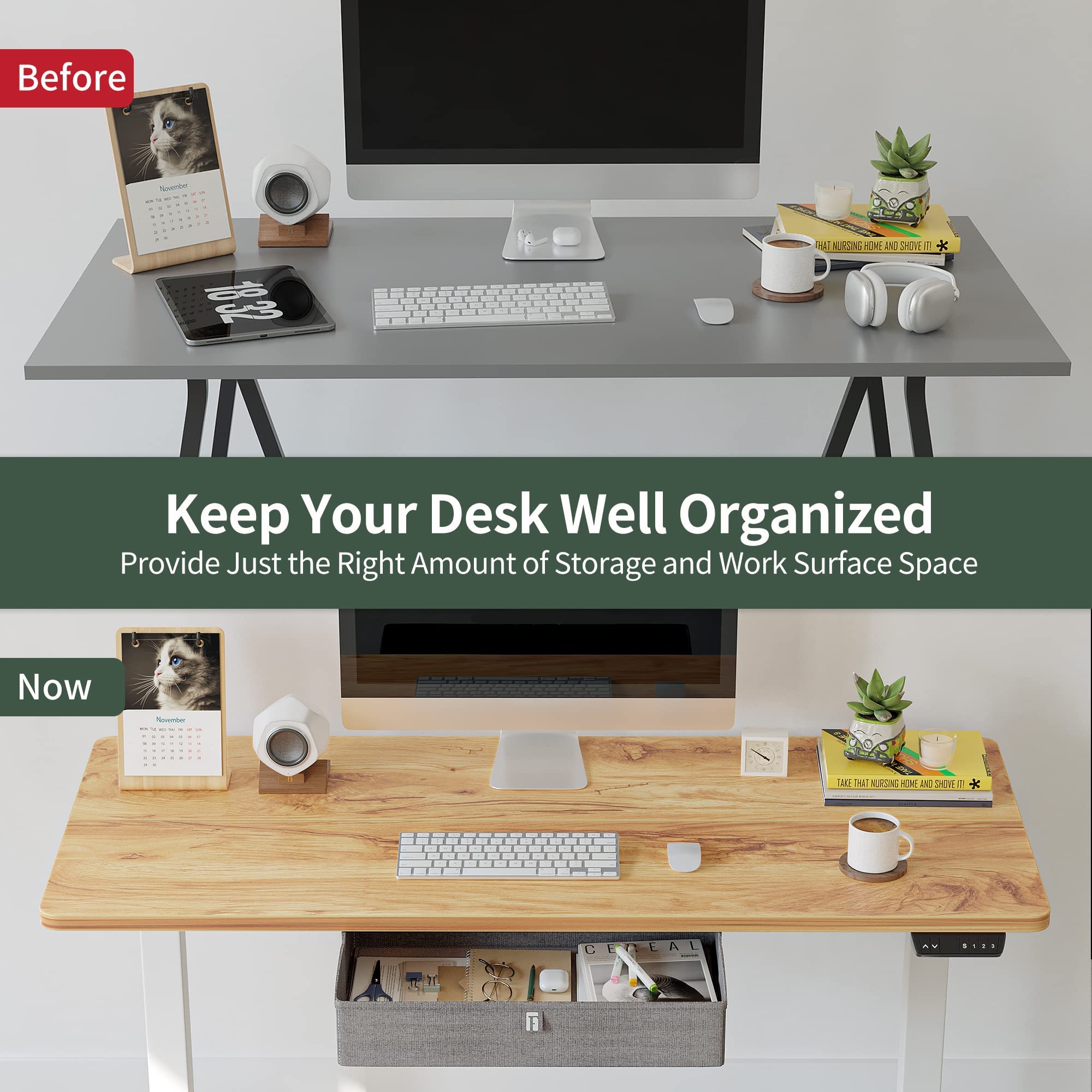 FEZIBO 40 x 24 Inches Electric Standing Desk with Drawer - Adjustable Height Sit Stand Desk with Storage, Ergonomic Home Office Computer Desk in Light Rustic Finish | Perfect for Remote Work, Gaming & Study Spaces