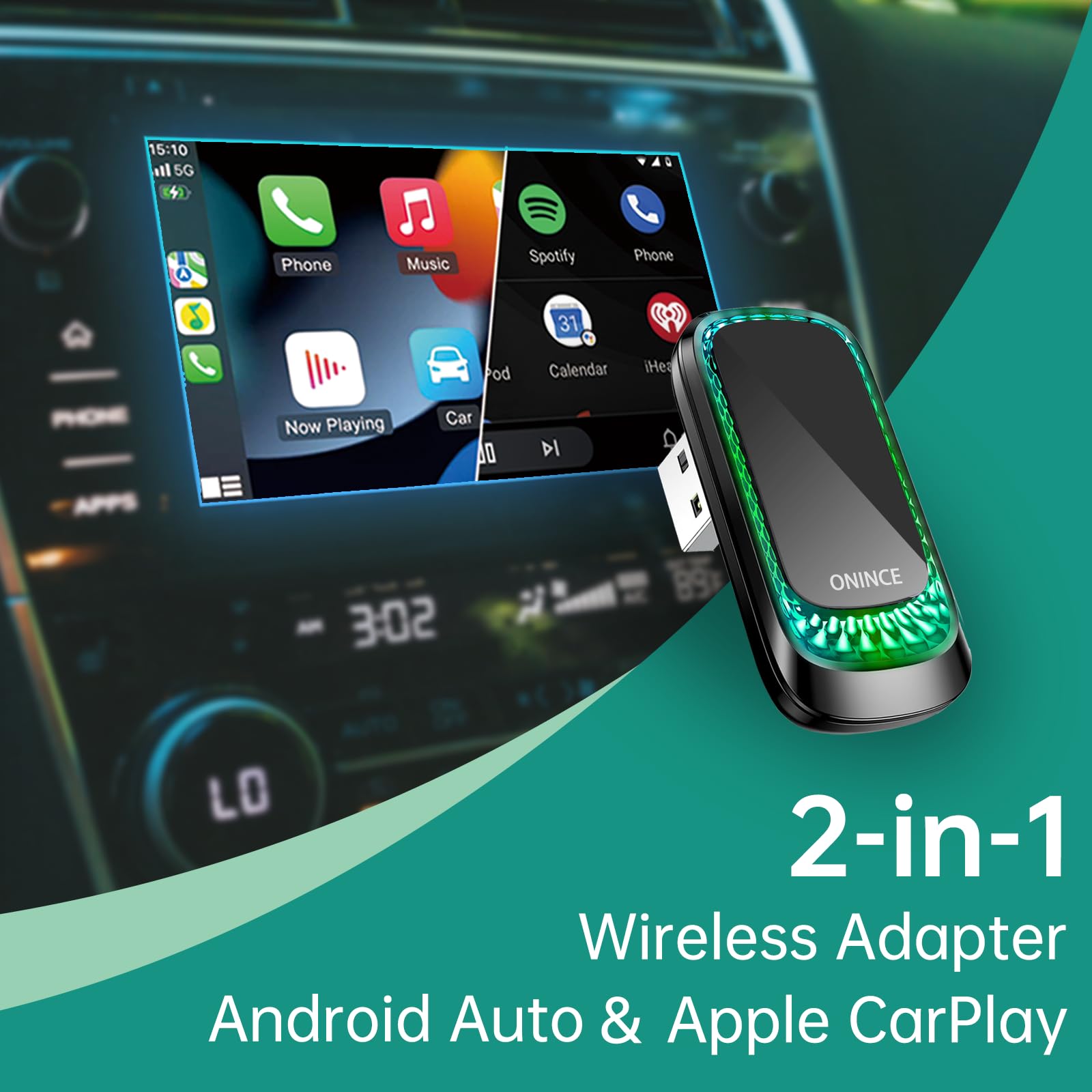 3-in-1 Wireless CarPlay Adapter for iPhone & Android Auto - Plug & Play USB Dongle with RGB Ambient Lighting - Compatible with Apple CarPlay & Android Phones (Model Z1 Style-T) - Perfect for Commuting, Road Trips & Hands-Free Driving