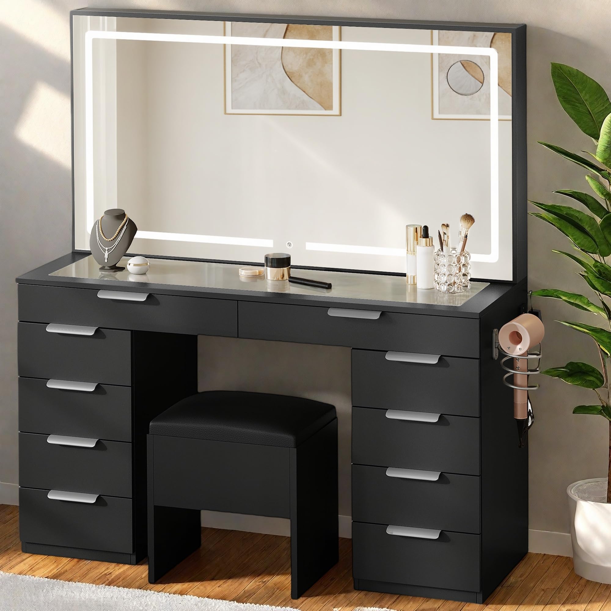 DWVO Vanity Desk Set with Large LED Lighted Mirror & Power Outlet - Glass Top Makeup Vanity with 10 Drawers, Magnifying Glass - 3 Color Modes, Adjustable Brightness - Includes Storage Bench | Perfect for Bedroom, Dressing Room & Beauty Salon Makeup Organization
