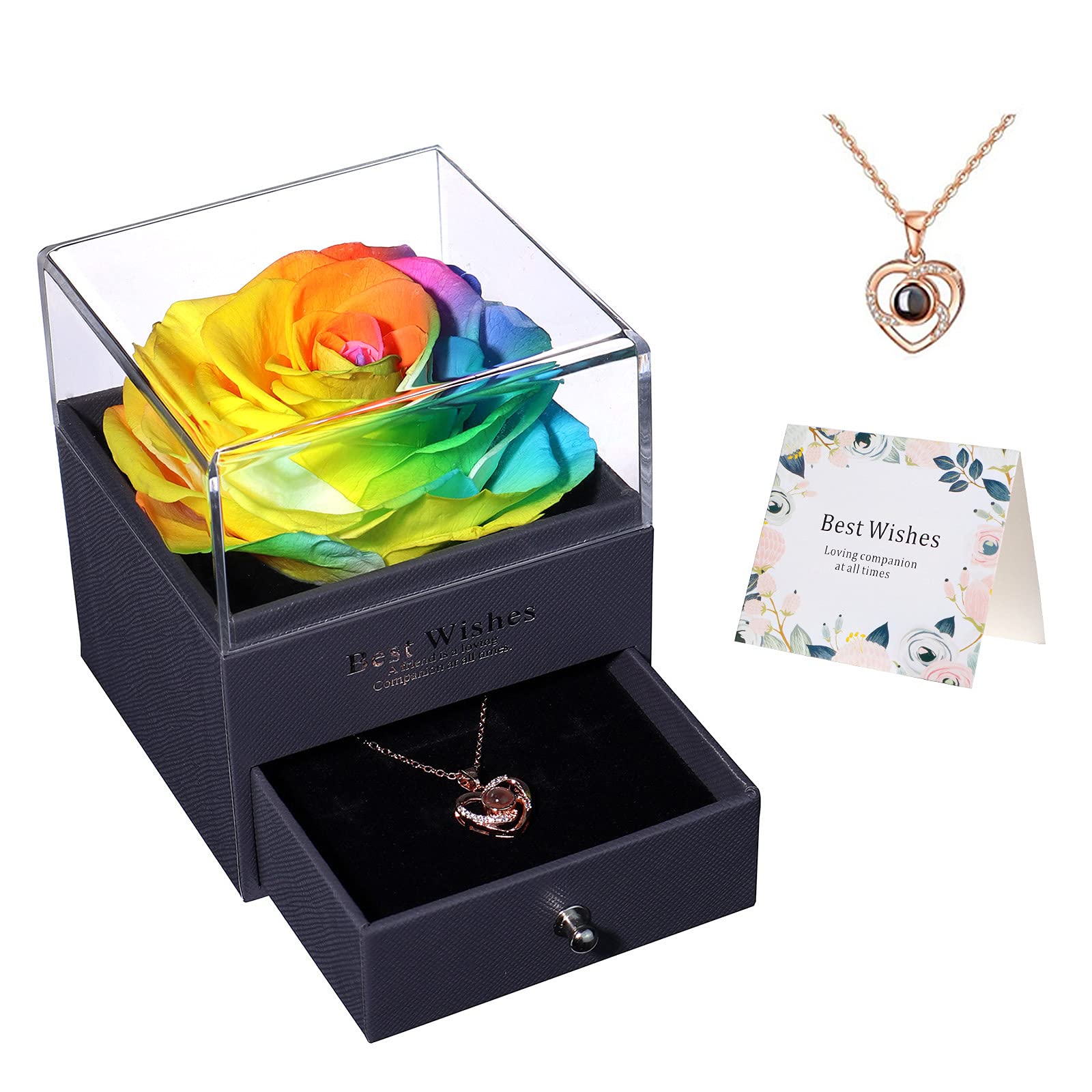YIZHI Eternal Preserved Real Rose in Jewelry Box - Handmade Rainbow Color Rose Gift for Mother's Day, Valentine's Day, Anniversary & Birthday - Perfect for Romantic Surprises, Home Decor, and Special Occasions
