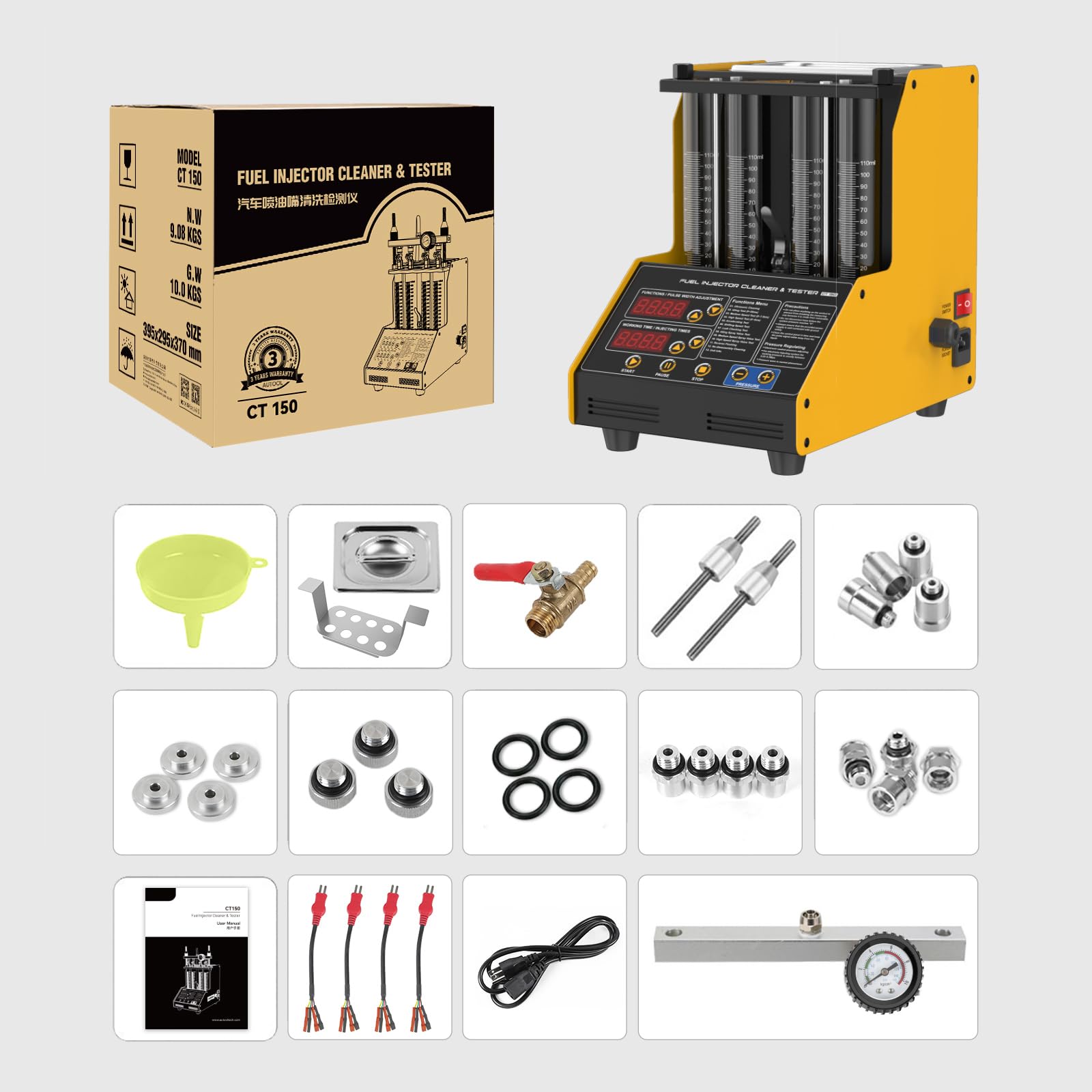 CT150 Automotive Fuel Injector Cleaner & Tester - 12 Function Ultrasonic Cleaning Machine for 4-Cylinder Motorcycle & Gasoline Direct Injectors (110V/220V) | Improve Engine Performance & Fuel Efficiency