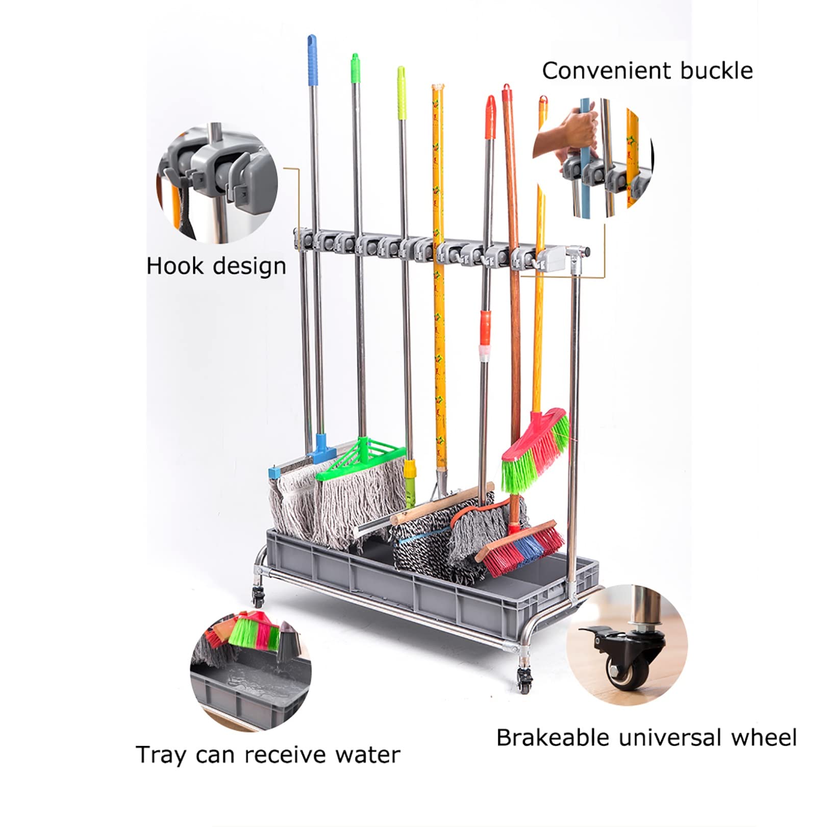 Adjustable Broom and Mop Holder with 5 Racks & 6 Hooks - Wall Mounted or Floor Standing Wet Mop Storage Organizer for Garage, Kitchen, Bathroom - Heavy Duty Cleaning Tool Cart for Home, School, Hospital, Hotel, and Office Use