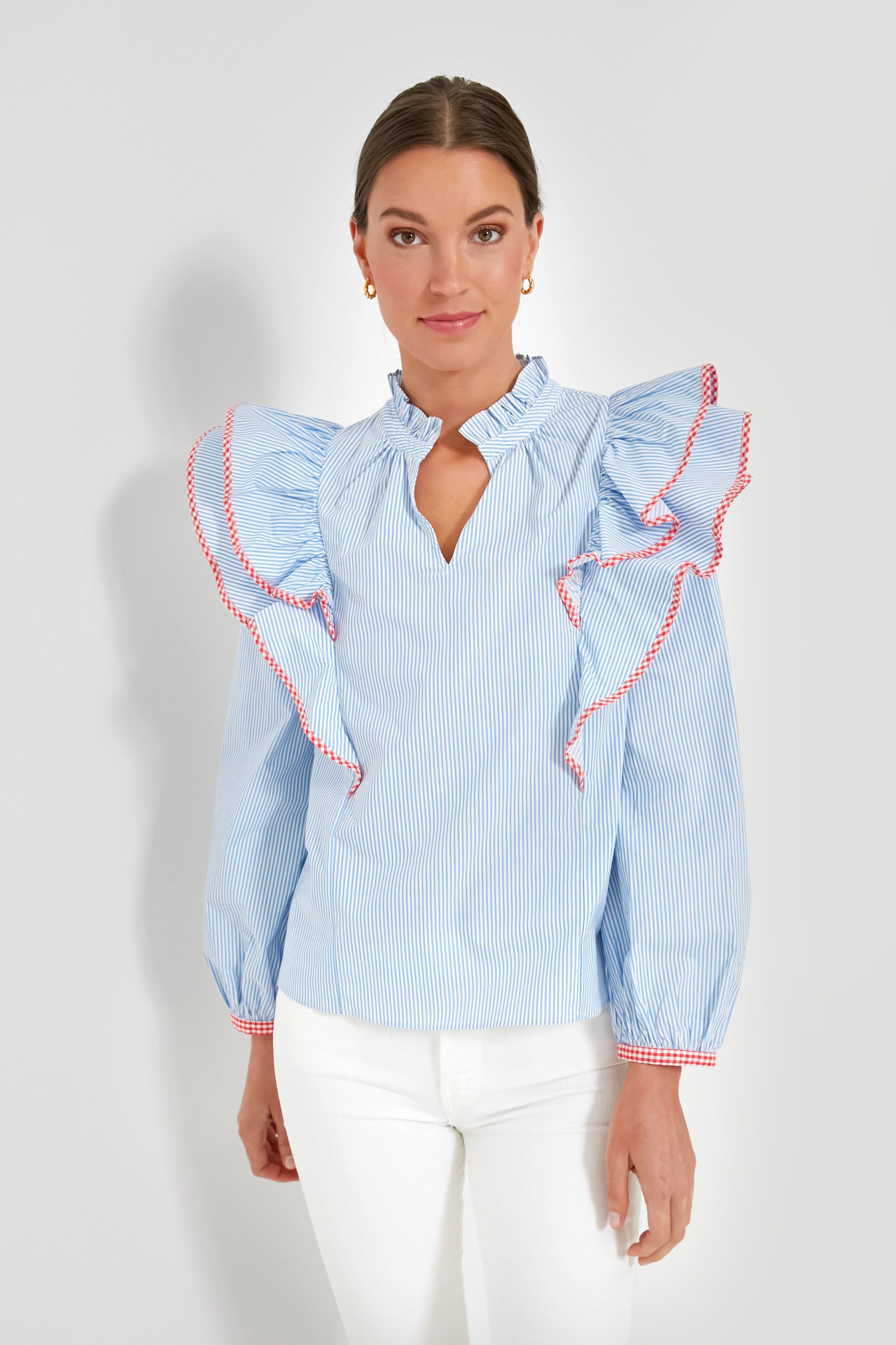 Blue Stripe Gingham Ruffle Holly Blouse - Women's Vintage Style Ruffled Top for Spring & Summer - Perfect for Office, Date Night & Casual Outings