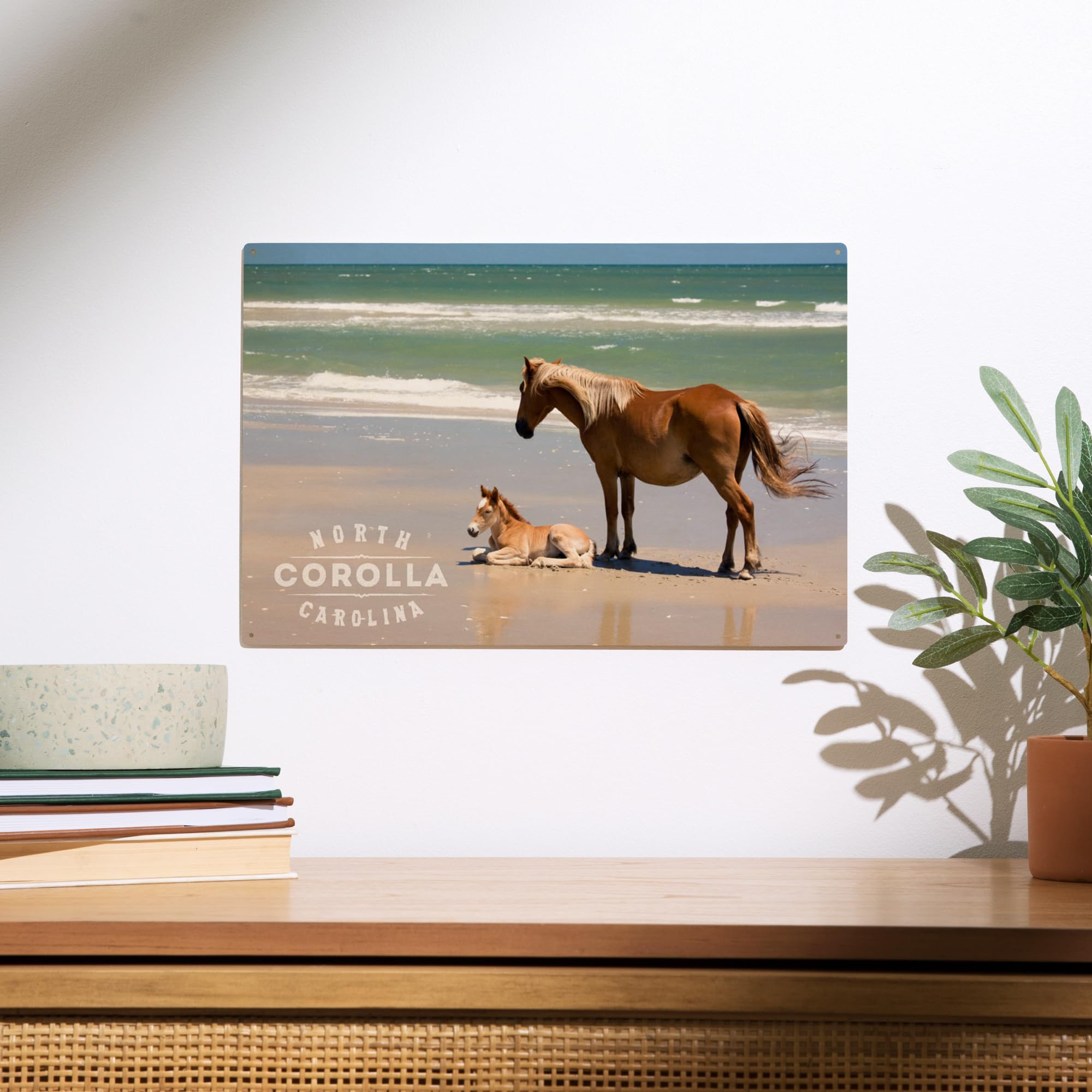 Lantern Press 10x15 Inch Wooden Wall Sign - Corolla NC Beach Scene with Banker Ponies & Foal - Ready to Hang Coastal Home Decor for Living Room, Bedroom or Beach House