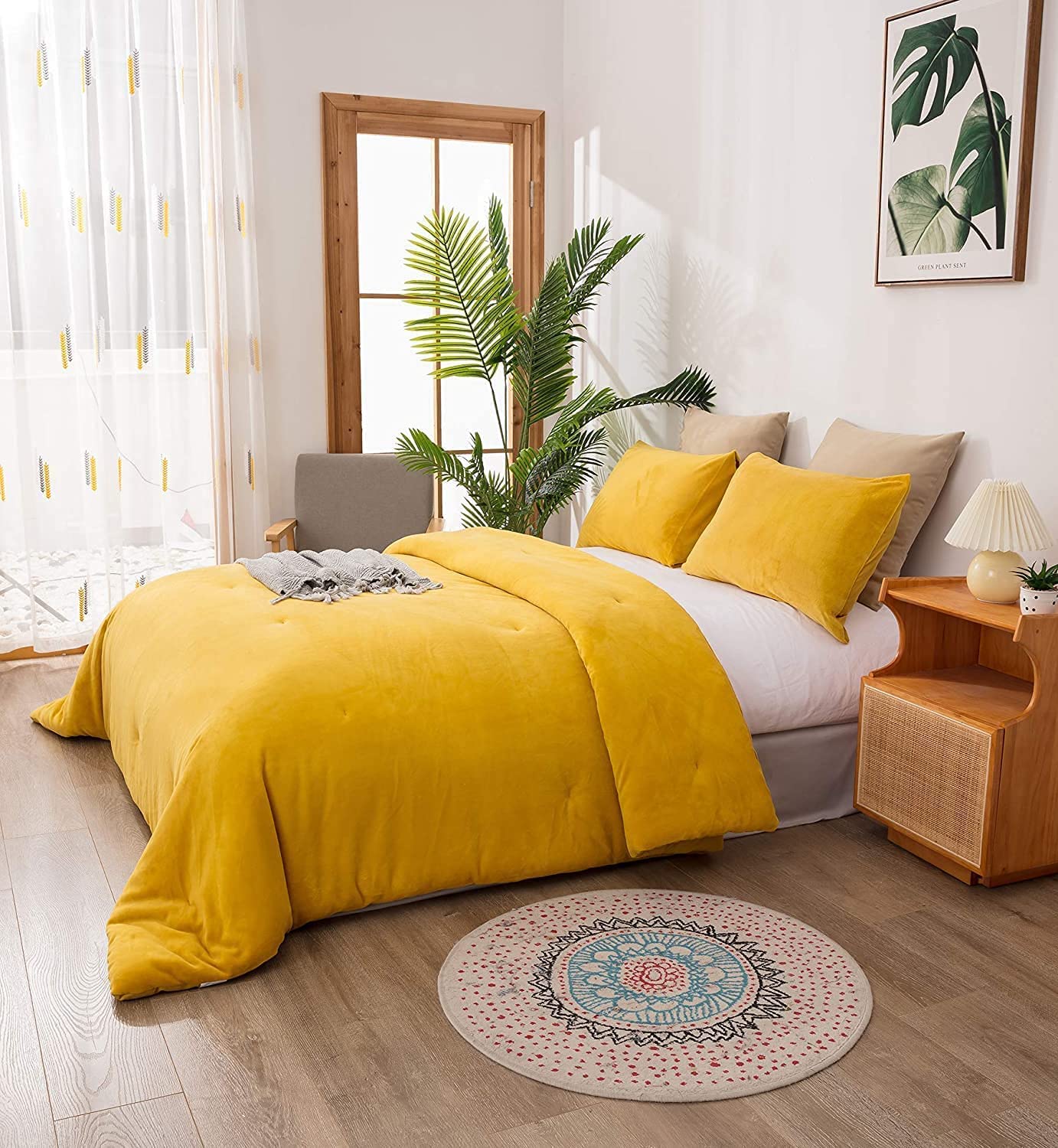 Mustard Yellow Comforter Set King - Velvet & Sherpa Plush Bedding for Women & Men | Ultra Soft Micro Mink & Flannel Fuzzy Comforter | Dark Yellow Fluffy Bed Set for Cozy Winter Nights & Modern Bedroom Decor