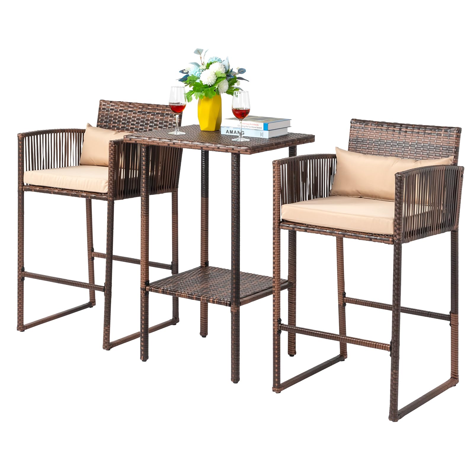 VINGLI 3-Piece Patio Bar Set - Outdoor Wicker Bar Table with 2 Bar Stools, Storage Shelf & Cushions - Bar Height Wicker Furniture for Patio, Deck, Poolside & Backyard Relaxation