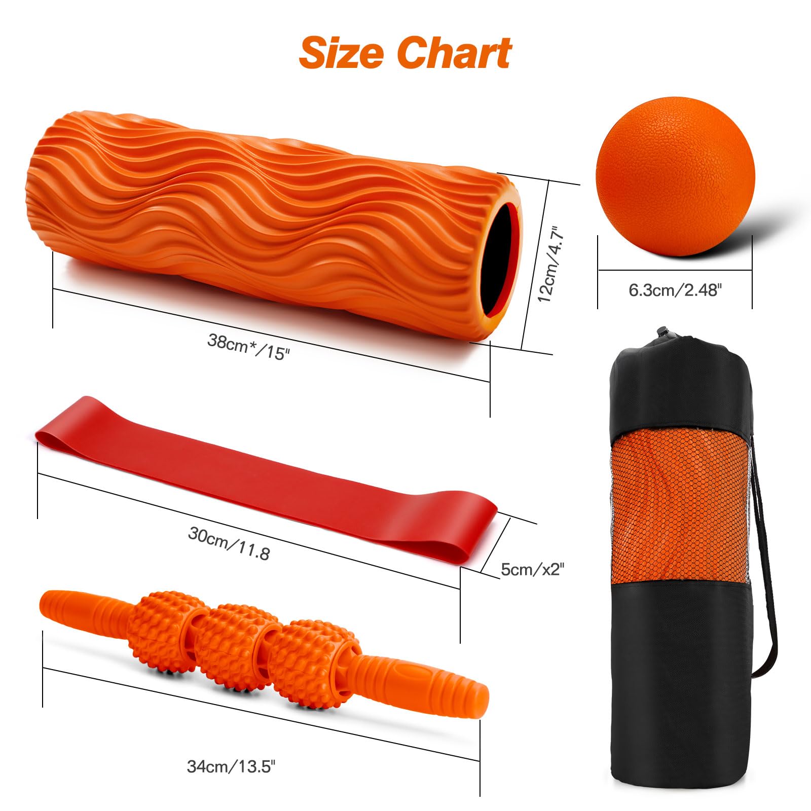 5 in 1 Foam Roller Kit - High Density Wave Textured Massage Roller for Back, Legs & Shoulders with Massage Stick, Ball & Exercise Bands - Perfect for Deep Tissue Relief, Yoga, Pilates & Fitness Workouts (Orange) - Ideal for Home Gym, Physical Therapy & Post-Workout Recovery