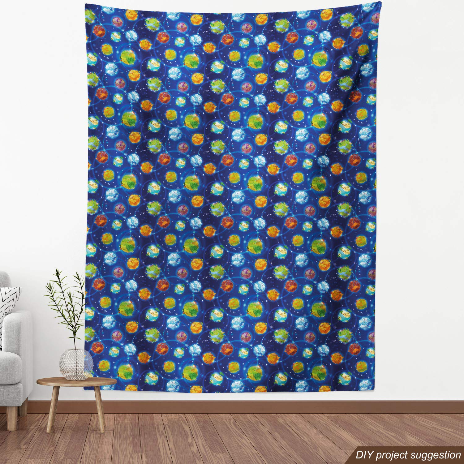 Ambesonne Space Fabric by The Yard - Cartoon Galactic Theme with Earth, Planets & Stars - Cobalt Blue Decorative Fabric for Upholstery, Curtains & DIY Home Decor (10 Yards) - Perfect for Kids' Rooms, Sci-Fi Themed Decor & Craft Projects