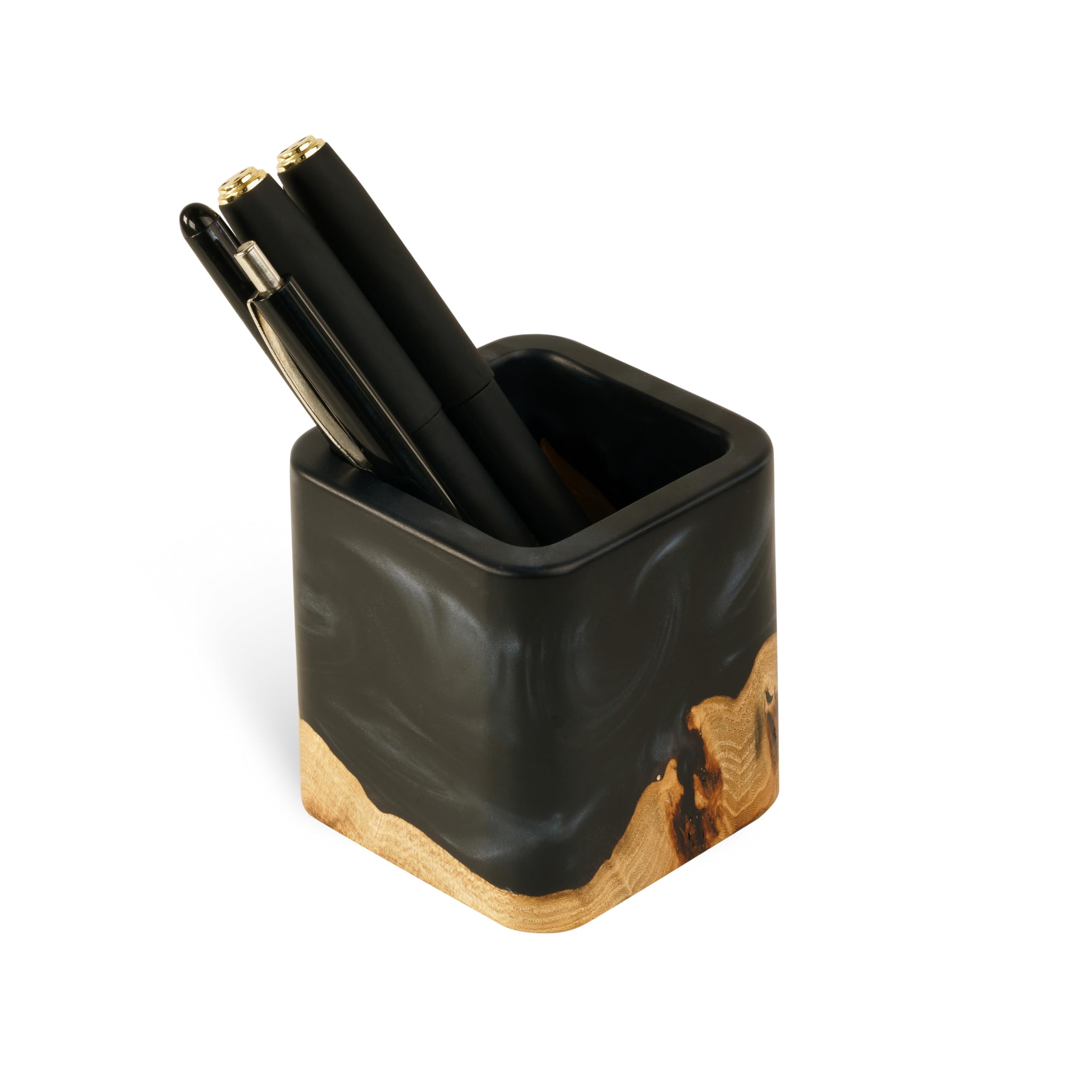 Premium Epoxy & Wood Pen Holder - Stylish Black Desk Organizer for Pens, Pencils & Office Supplies - Modern Wooden Pencil Cup for Home & Office Decor - Perfect for Workstations, Study Desks & Gift Giving